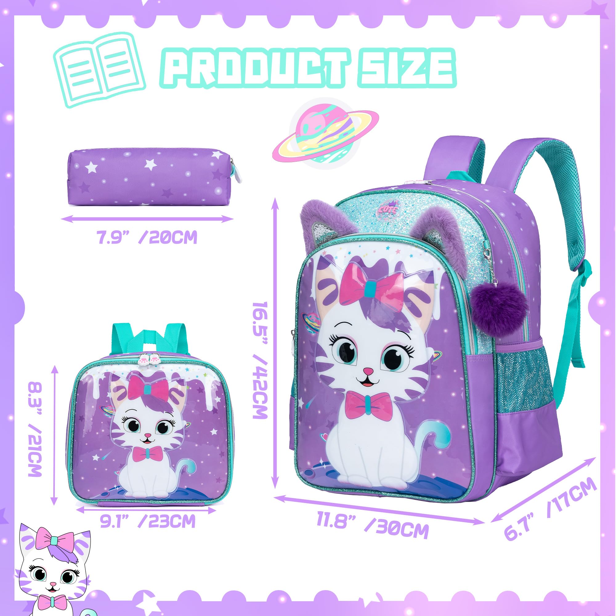 Cute Cat Backpack for Girls - Lightweight School Backpack with Lunch Box Compartment | Durable Kids Bookbag for Elementary, Middle School & Travel | Perfect for School Supplies, Day Trips & Outdoor Adventures