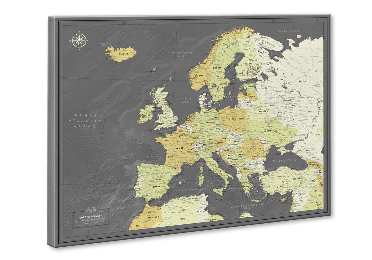 Personalized European Push Pin Travel Map - Detailed Canvas Wall Map for Tracking Adventures & Memories - Perfect for Home Decor, Travel Gifts & Wanderlust Inspiration