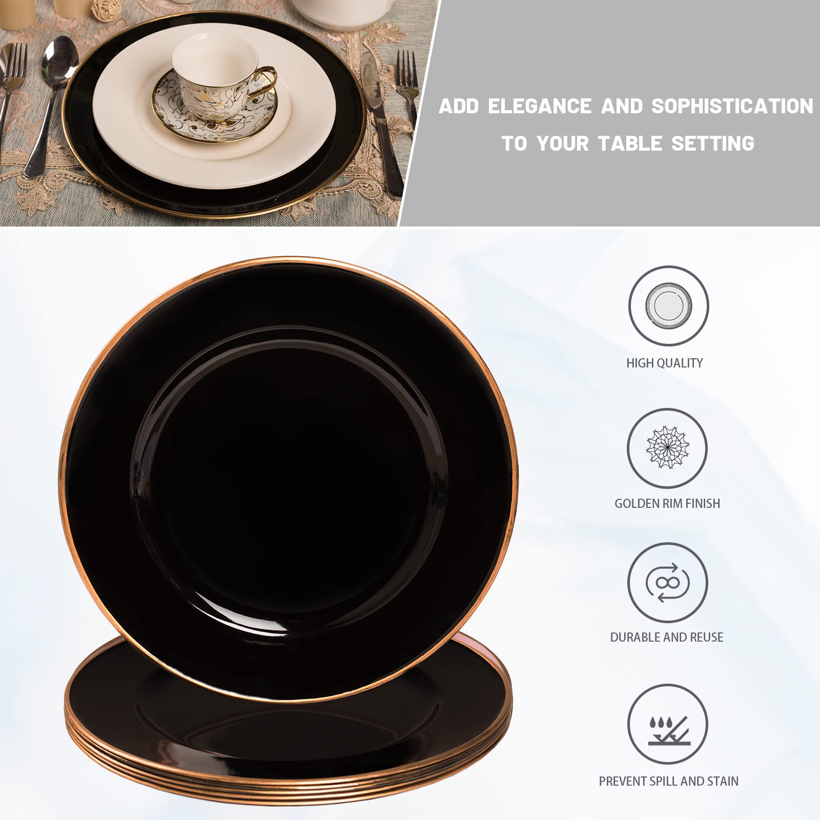 MAONAME 13-Inch Black Plastic Charger Plates with Gold Rim - Elegant Round Decorative Dinner Plates for Weddings, Parties, and Formal Dining - Set of 6 - Perfect for Table Settings, Buffets, and Special Occasions