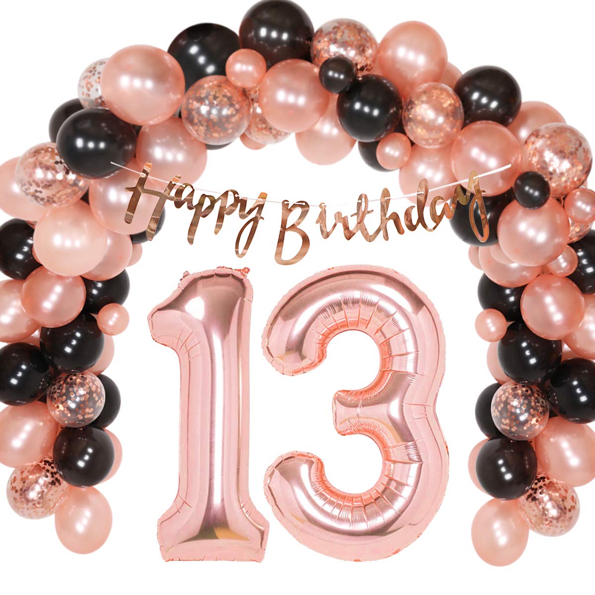 Rose Gold & Black 13th Birthday Decorations Set for Girls - Happy 13th Birthday Banner, Number 13 Sign, Confetti Balloons - Perfect for Teen Birthday Parties, Sweet 16 Prep & Milestone Celebrations