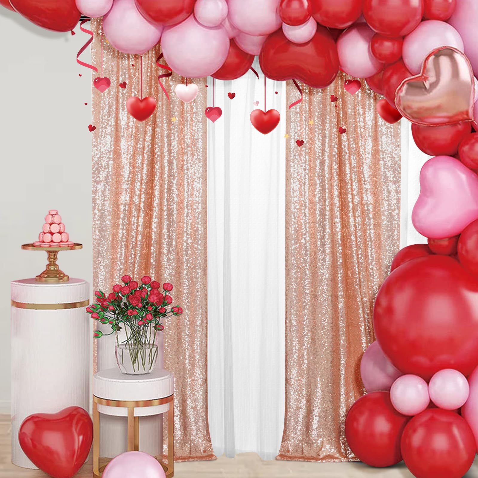 Juya Delight Rose Pink Sequin Photo Backdrop - 2ft x 8ft Glitter Curtain for Wedding, Birthday Party, Baby Shower Decorations - 2 Pack Sparkling Rose Gold Background for Photography & Event Decor