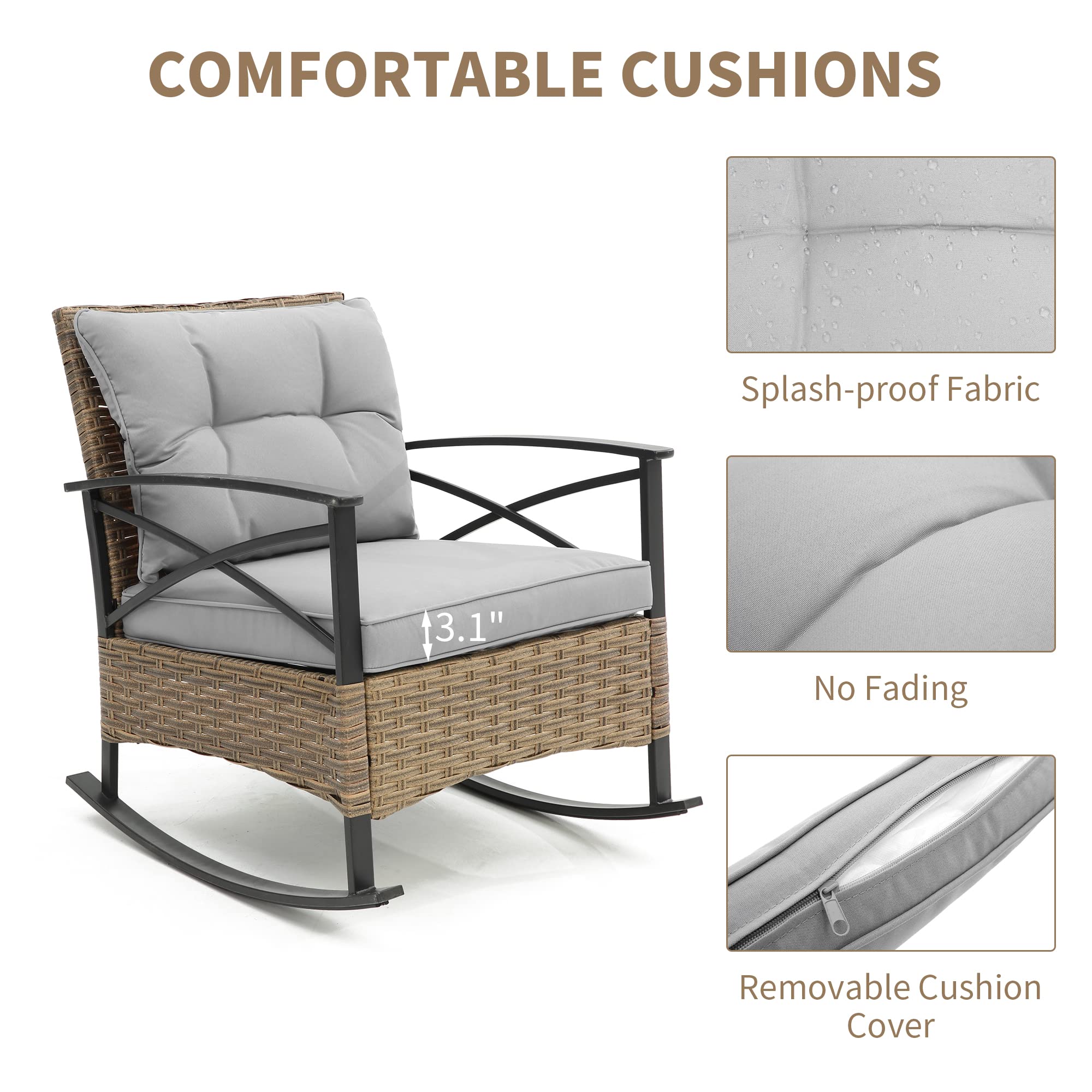 HOMEFUN 3-Piece Outdoor Patio Furniture Set - 2 Rocking Chairs with Thick Cushions, Durable Porch & Backyard Seating for Relaxing, Garden, Deck, Poolside