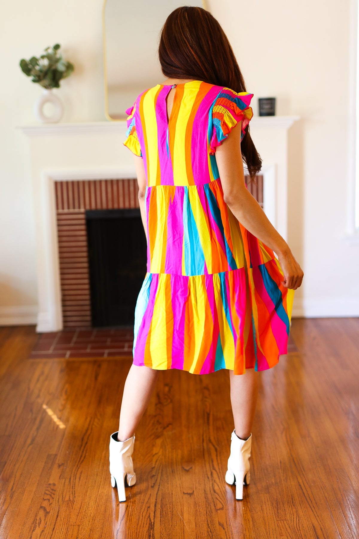 Eyes On You Multicolor Abstract Print Smocked Ruffle Sleeve Dress for Women | Flowy Summer Dress for Beach, Party & Date Night