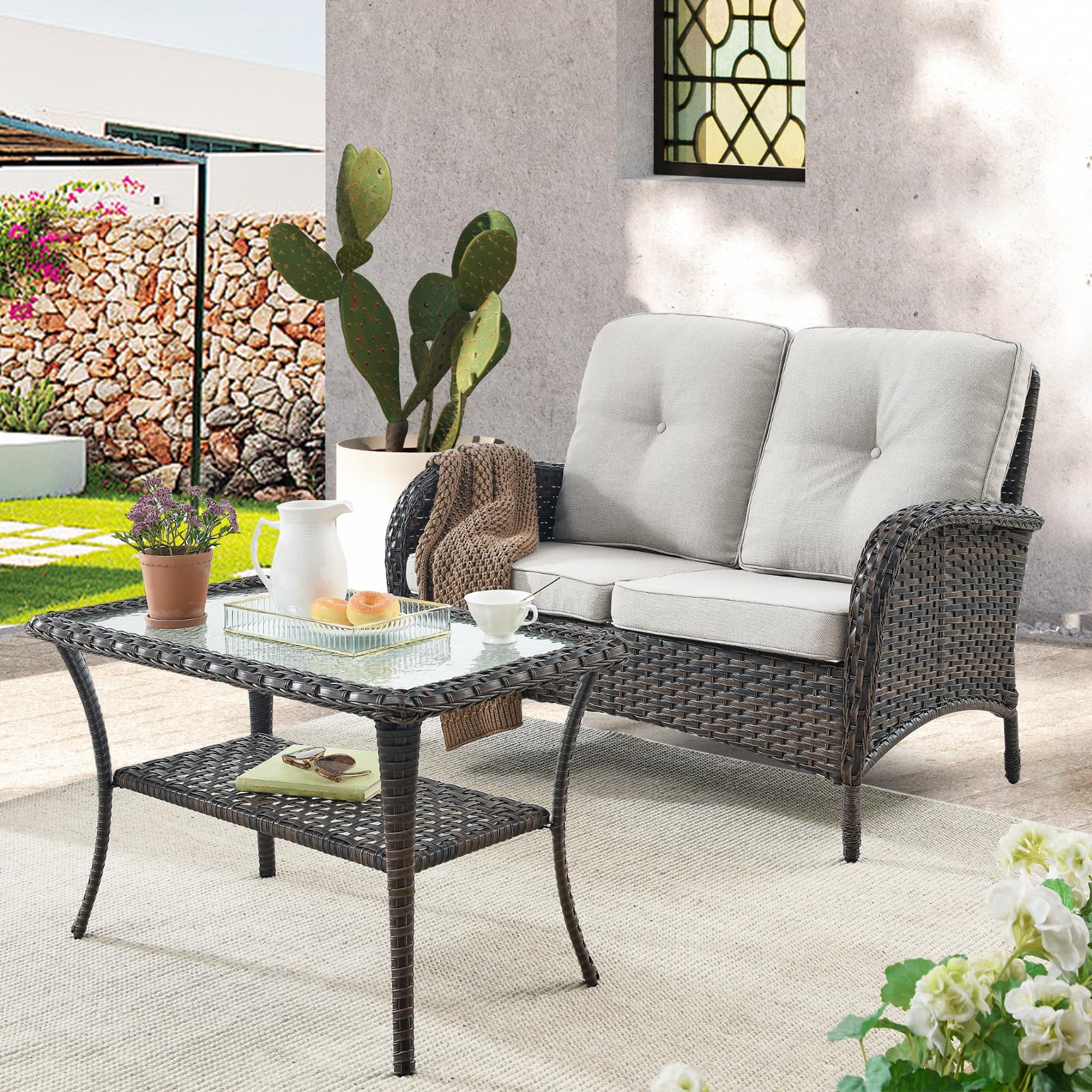 2-Piece Outdoor Wicker Patio Furniture Set - Loveseat Sofa & Coffee Table for Porch, Deck, Poolside, Garden & Backyard (Brown/Beige) | Weather-Resistant Wicker Couch for Relaxing Outdoors