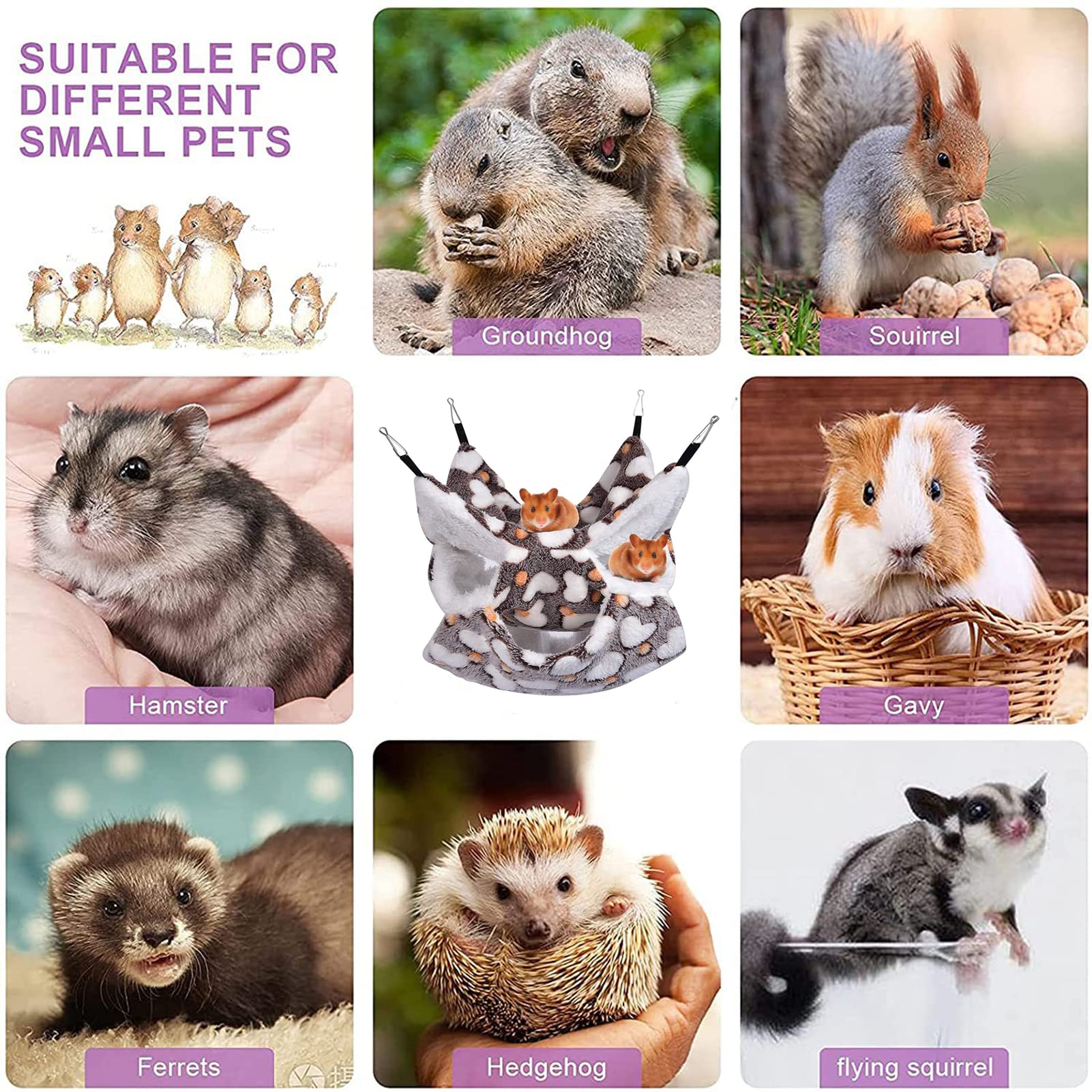 4-Pack Small Animal Hammock Set for Hamsters, Guinea Pigs, Squirrels & Birds - Includes Hanging Bed, Swing, Warm Mat & Plush Tunnel - Cozy Sleeping Nest for Pets - Perfect for Cages, Habitats & Play Areas (Purple)