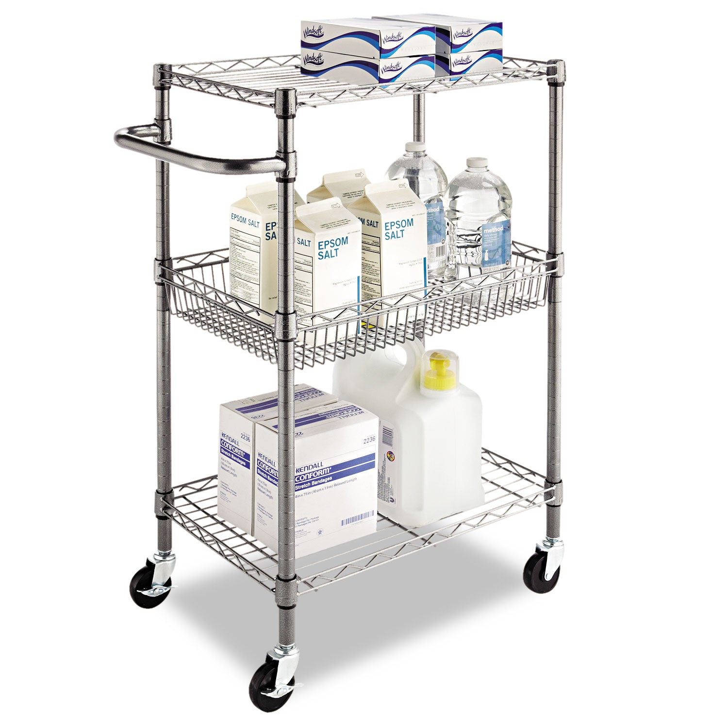 Alera® 3-Tier Heavy Duty Wire Utility Cart with Storage Basket - 500 lb Capacity Metal Rolling Cart, 28