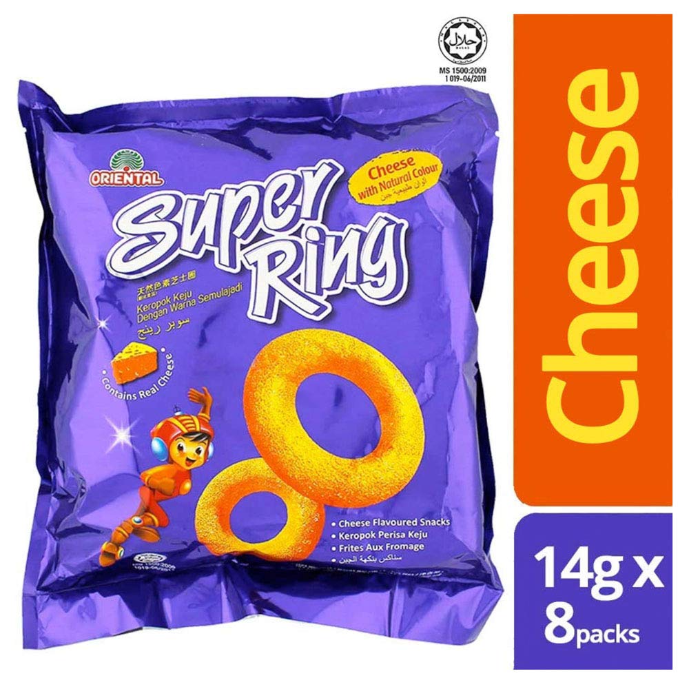 Oriental Malaysia Super Ring Classic Cheese Flavor Snacks - 14g x 8 Packs Family Size, Halal Certified Biscuit for Tea Time, Office Snacks & Party Treats | Authentic Malaysian Biskut