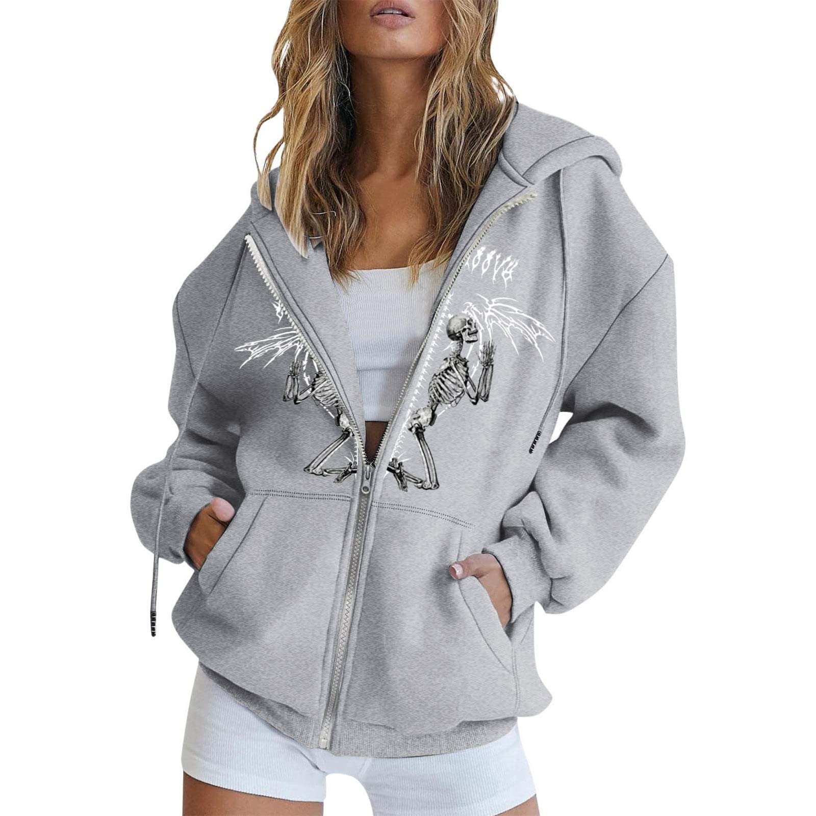 Gothic Women's Long Sleeve Hoodie with Zip & Lace Up Detail - Glitter Embellished Wide Neck Sweatshirt for Casual Wear, Street Style & Halloween Costumes