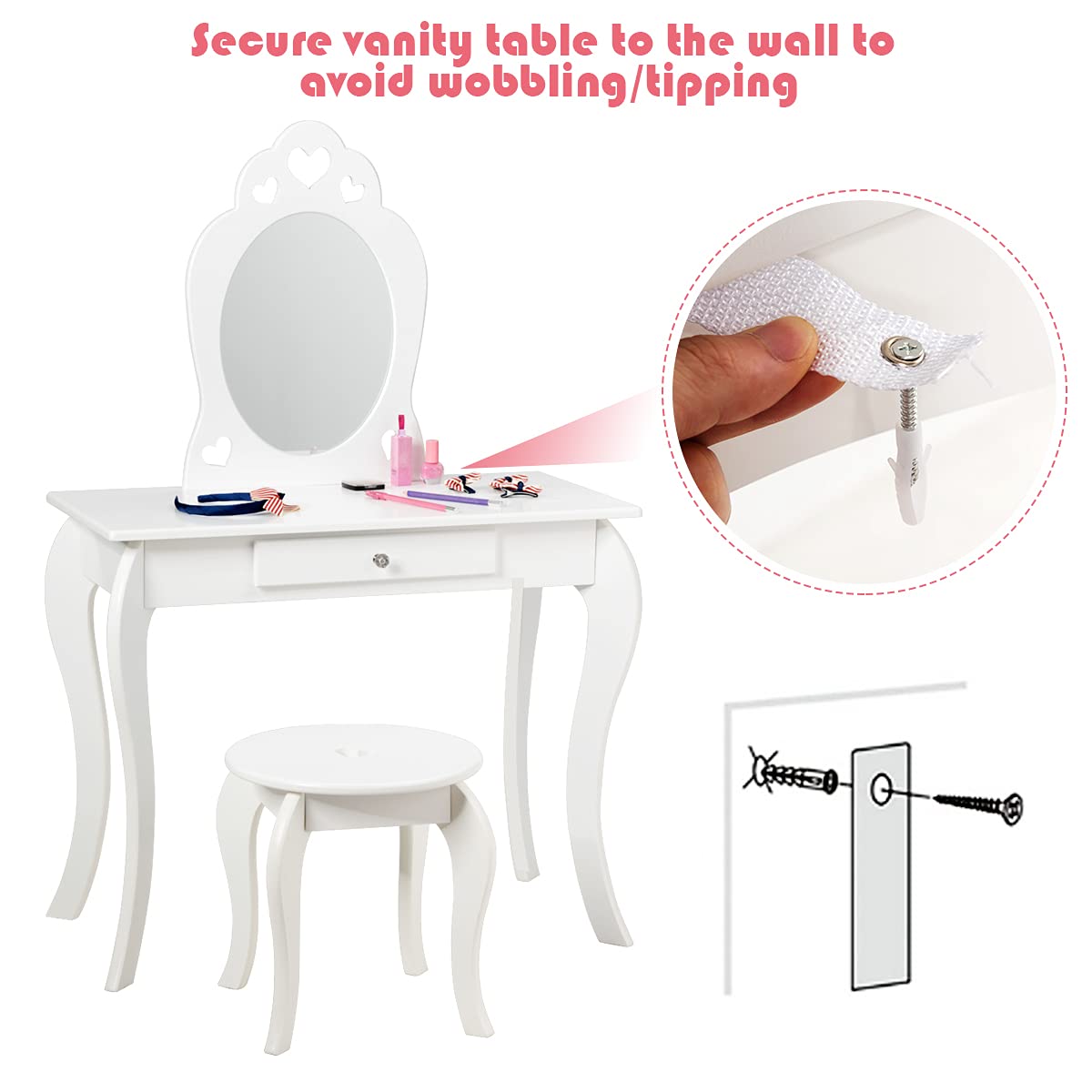 HONEY JOY Kids Vanity Set with Mirror - White Wooden Toddler Vanity Table with Stool & Drawer, Removable Top for Pretend Play - Princess Beauty Makeup Dressing Table Playset for Little Girls | Perfect for Birthday Gifts, Bedroom Decor & Role Play Activities