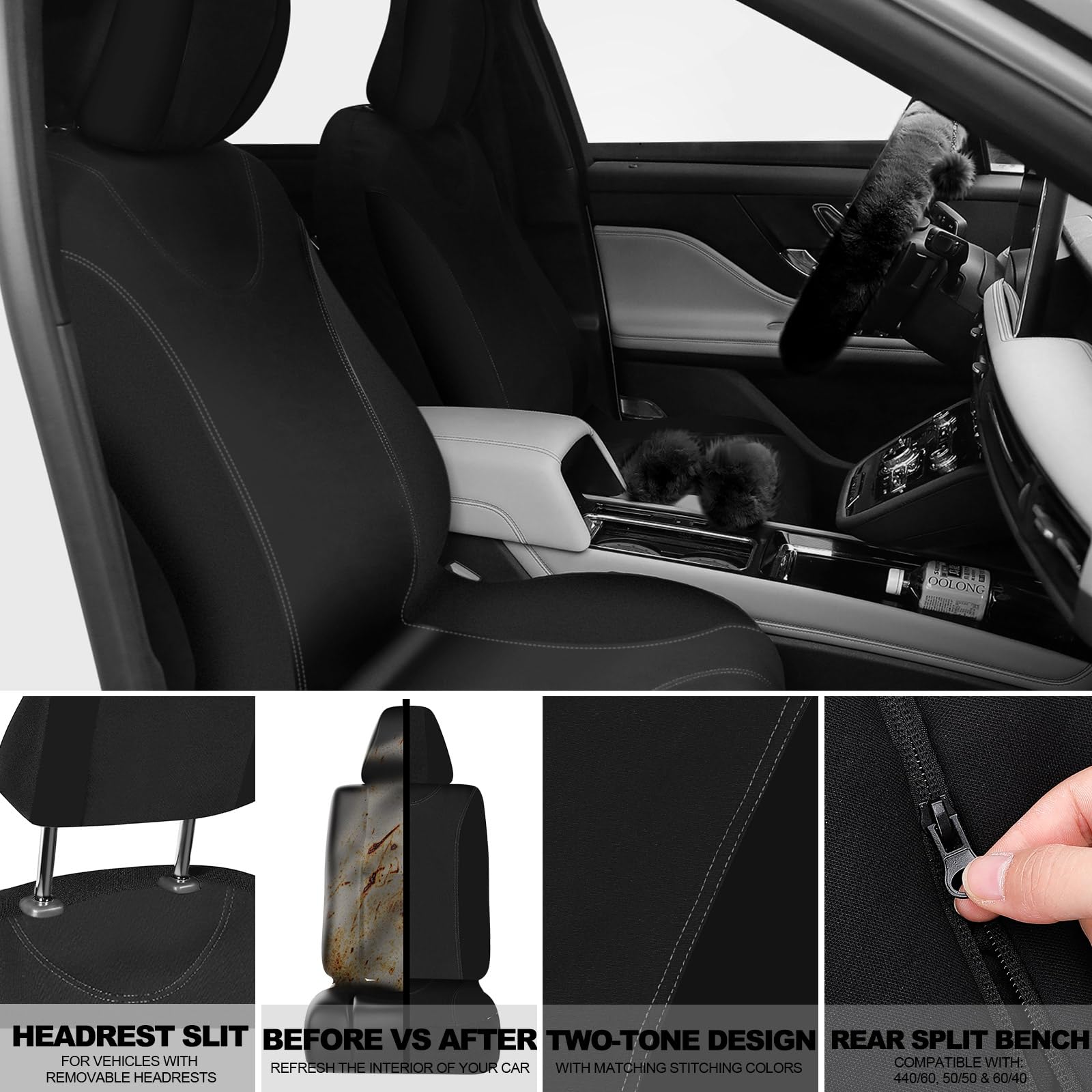 Woanger 47-Piece Luxury Car Seat Cover Set - Premium Fluffy Steering Wheel Cover, Seat Belt Covers & Floor Mats - Universal Fit for Most Vehicles (Black) - Perfect for Winter Comfort & Car Interior Decoration
