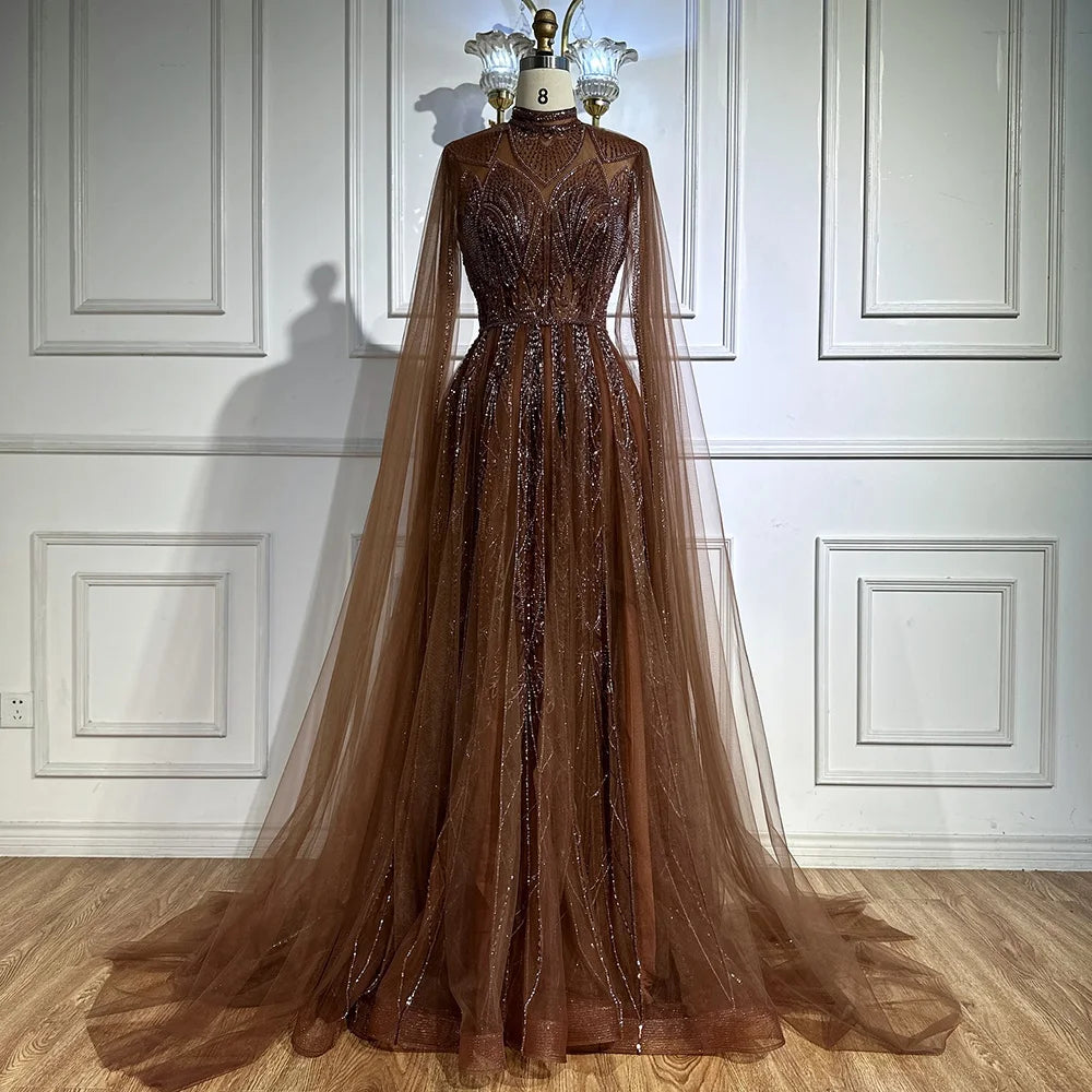 Luxury Brown Beaded Evening Gown with Cape - Arabic Style Formal Dress LA72951 for Wedding, Gala & Special Occasions