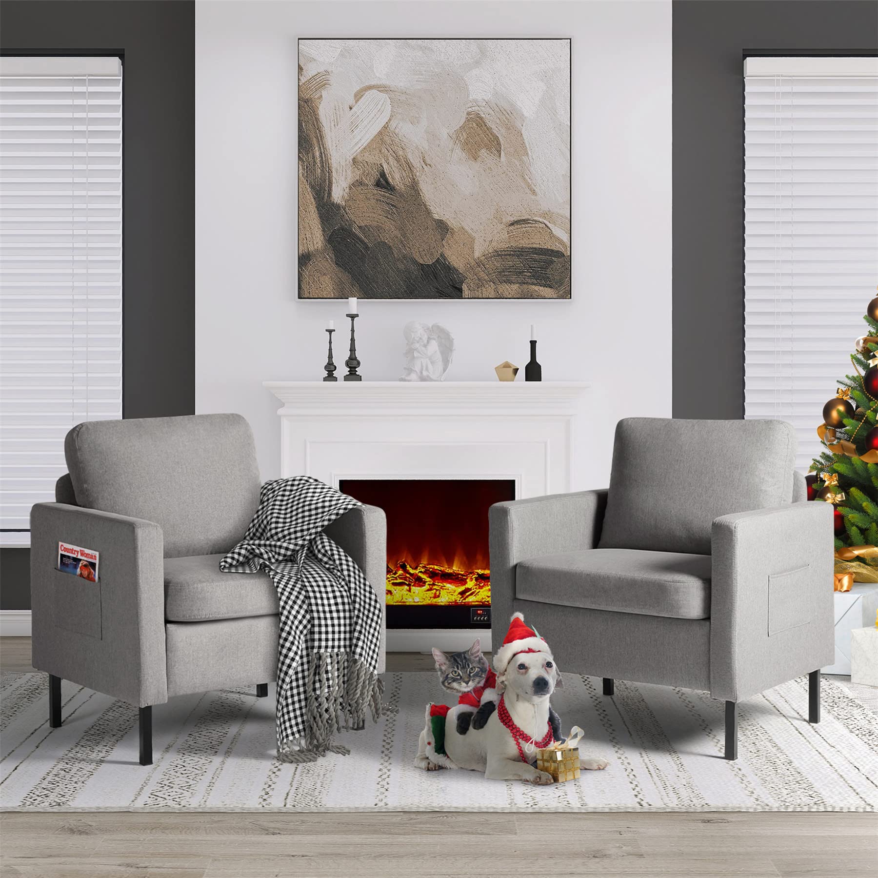 STHOUYN 2-Piece Fabric Accent Chair Set - Comfy Small Armchair for Living Room, Bedroom, Office & Reading Nook - Space-Saving Design in Light Grey - Perfect for Apartments, Dorms & Cozy Corners