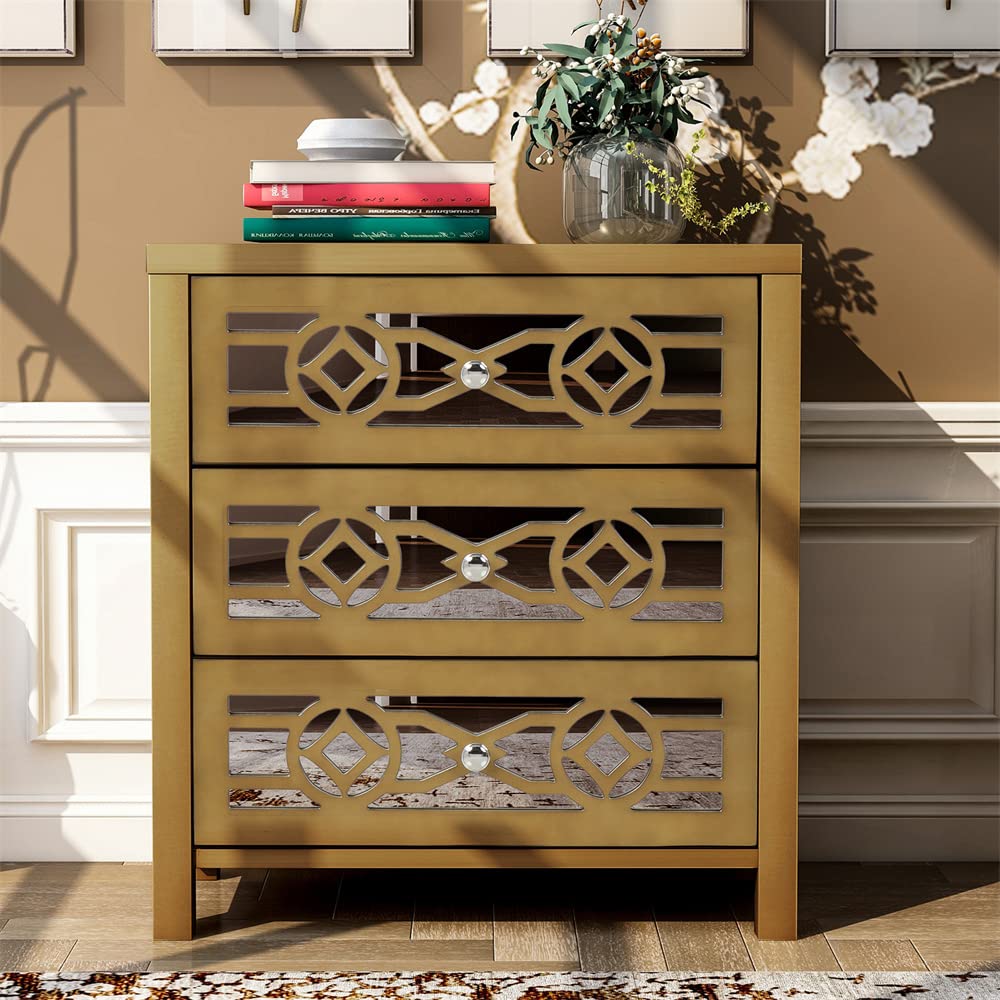 Solid Wood Mirrored Storage Cabinet with 3 Drawers - Decorative Accent Sideboard Buffet for Living Room Entryway - Gold/Silver Metal Handles - Perfect for Hallway Storage, Dining Room Display & Bedroom Organization
