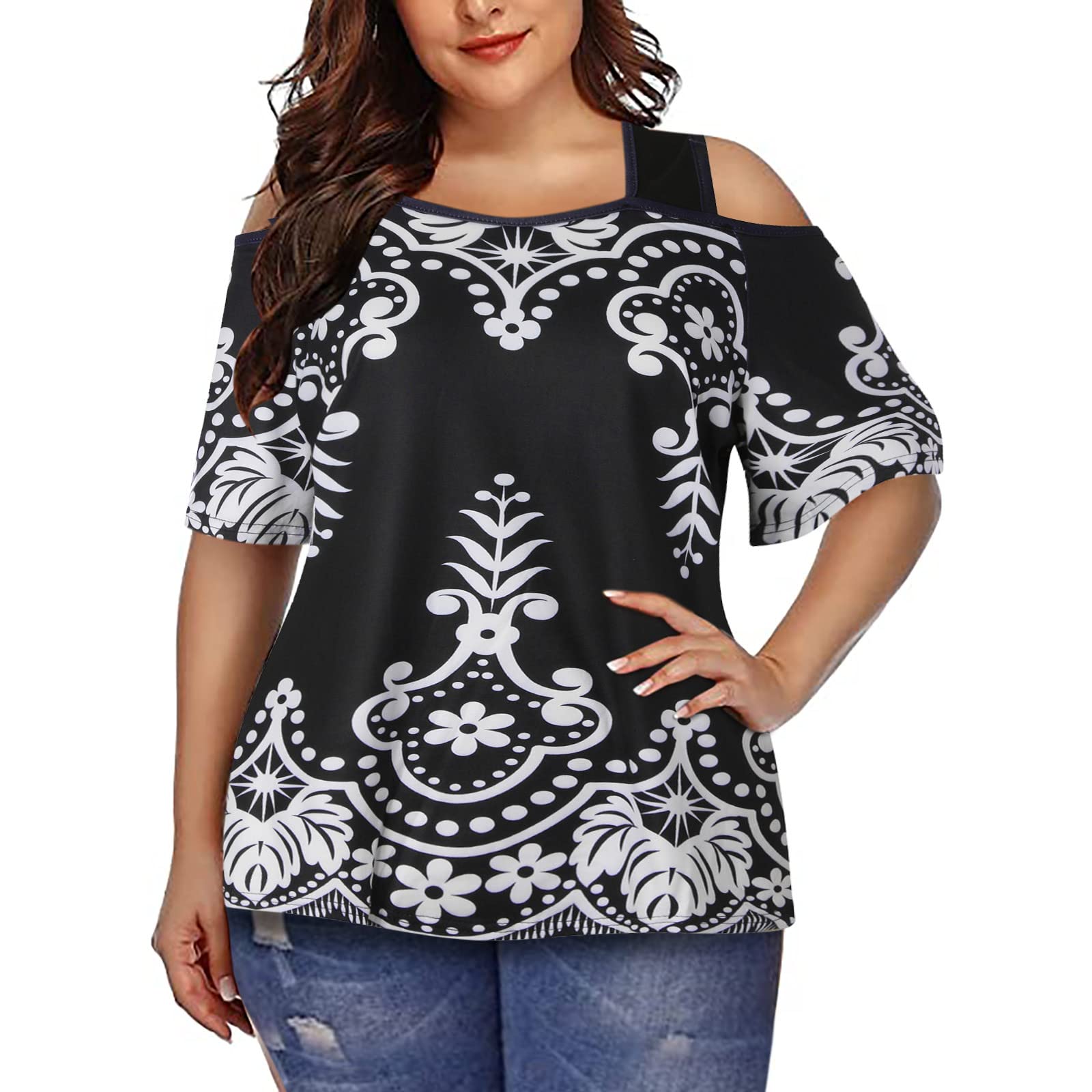 Maqorz Plus Size Women's Dressy Cold Shoulder Short Sleeve T-Shirt - Black Butterfly & Retro Print Tunic Top for Casual Wear | Perfect for Office, Date Night & Summer Outfits