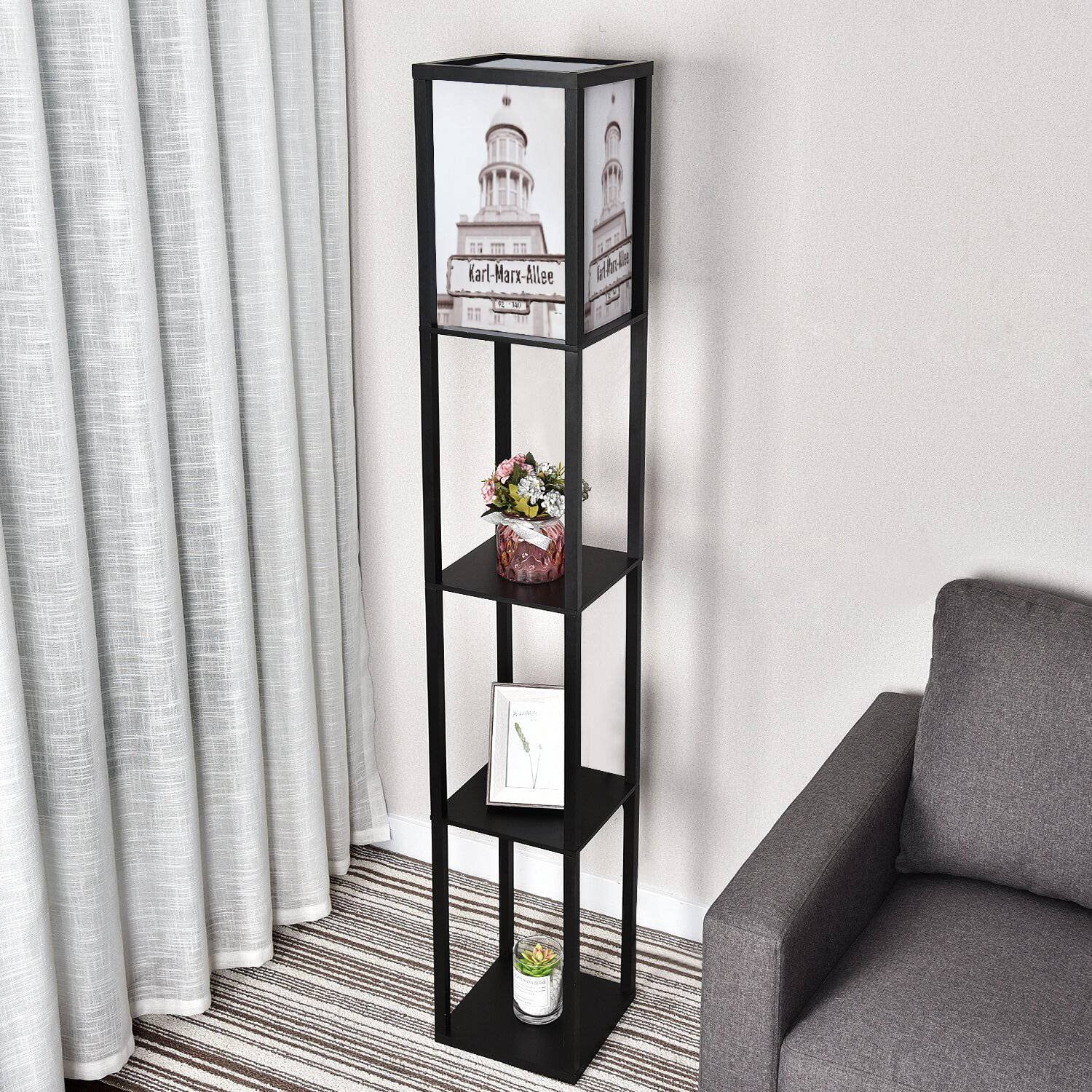 Corner Floor Lamp with Shelves - Adjustable 3 Color Temperature LED Standing Lamp with Linen Shade, Tall Light for Living Room, Bedroom, Office - Inspired by Karl Marx Allee Berlin Street Sign Design | Perfect for Reading, Relaxing & Home Decor