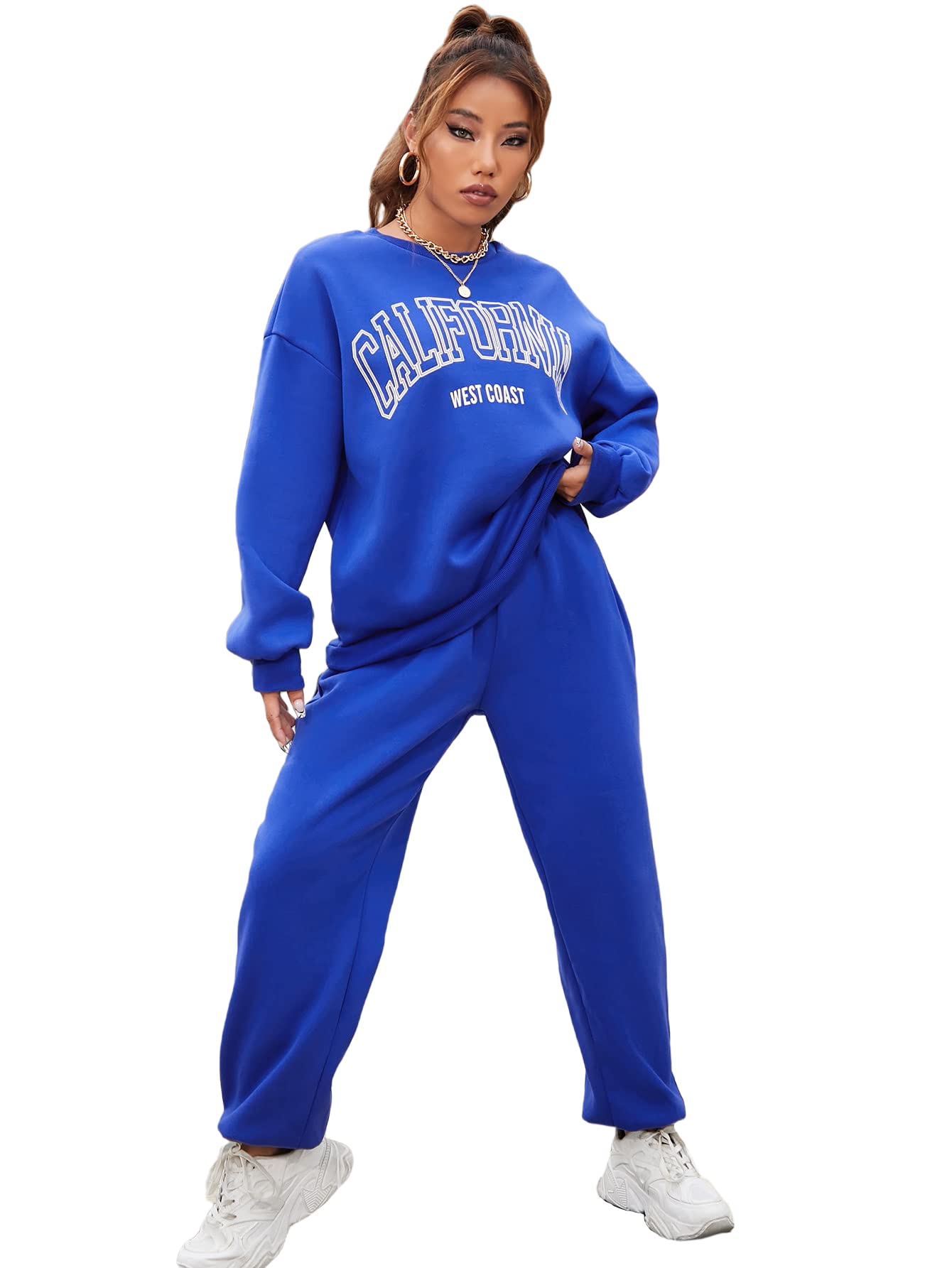 MakeMeChic Women's Casual Letter Graphic Sweatsuit Set - Crewneck Sweatshirt & Jogger Pants 2-Piece Outfit | Lounge Wear, Workout, Running Errands, Street Style Fashion