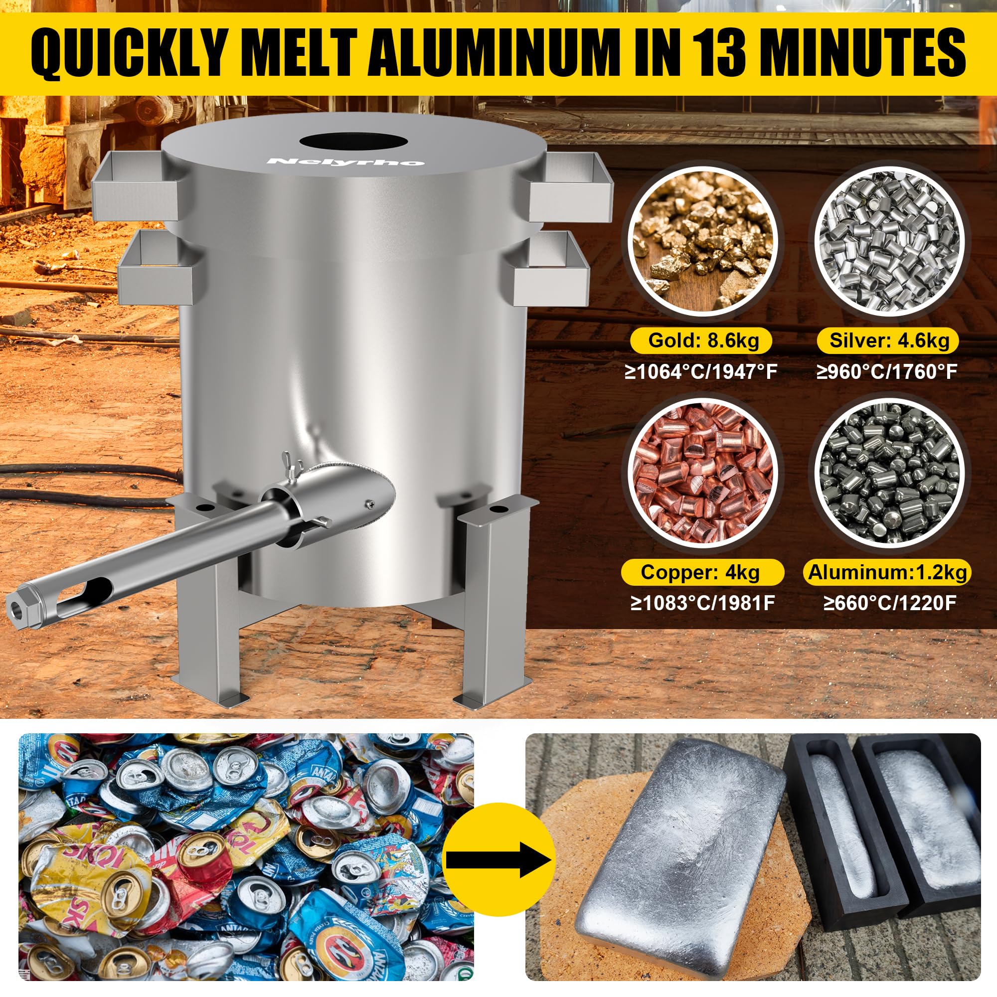 Nelyrho Propane Smelting Furnace Kit – 4kg Crucible, Support Stand & Tongs – Stainless Steel Foundry for Melting Aluminum, Gold, Silver, Copper – Perfect for DIY Jewelry Making, Metal Casting & Home Foundry Projects