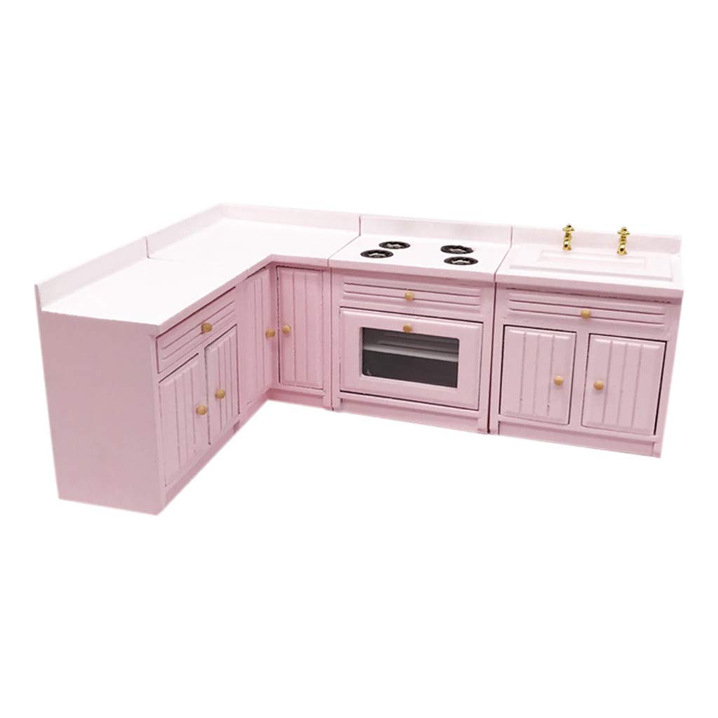 1:12 Scale Miniature Wooden Kitchen Cabinet Set - Pink Dollhouse Furniture for DIY Decoration | Perfect for Dollhouse, Model House & Collectible Displays