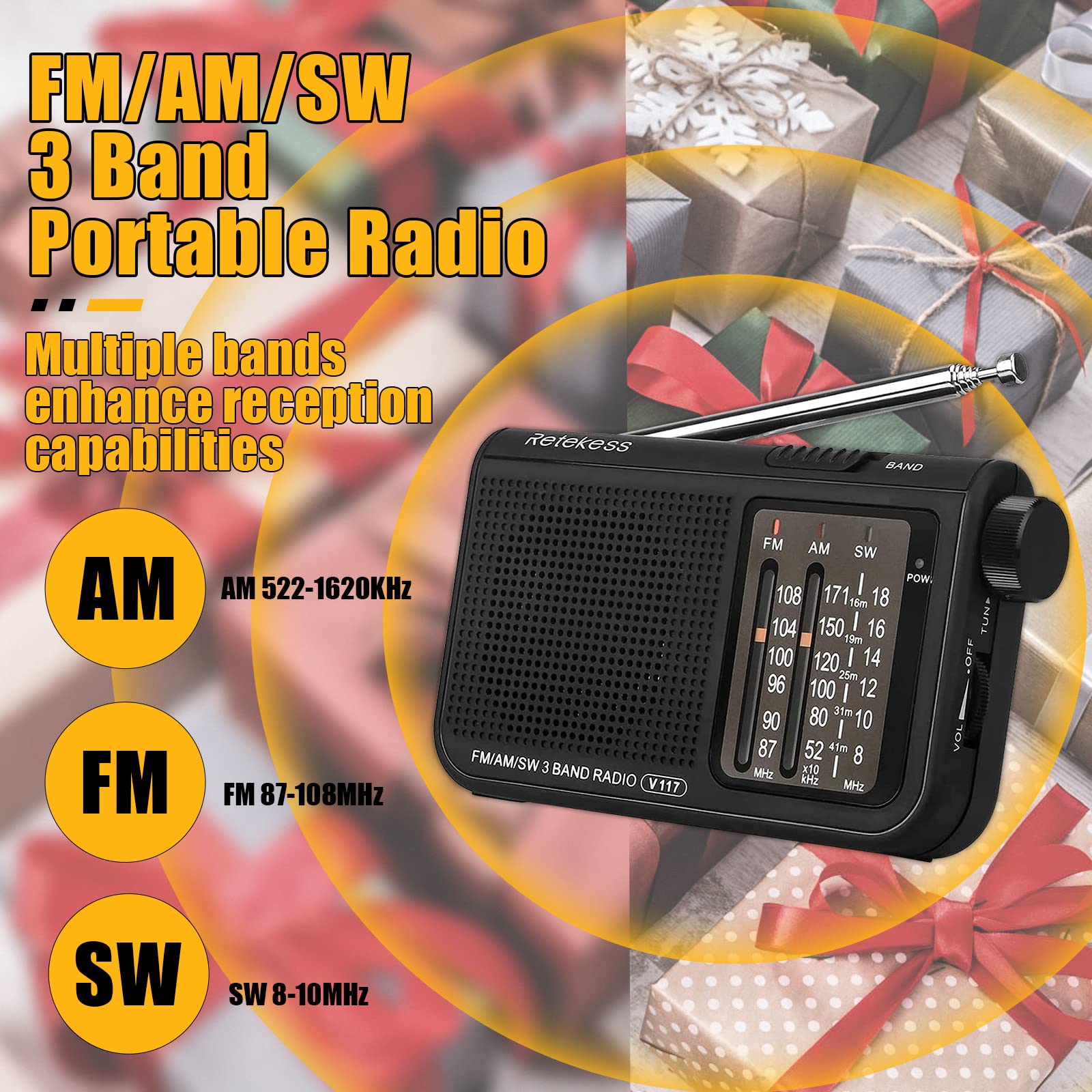 Retekess V117 Portable AM FM Shortwave Radio with Clear Dial & Best Reception - Transistor Radio for Seniors, Outdoor, Emergency, Travel (Black)
