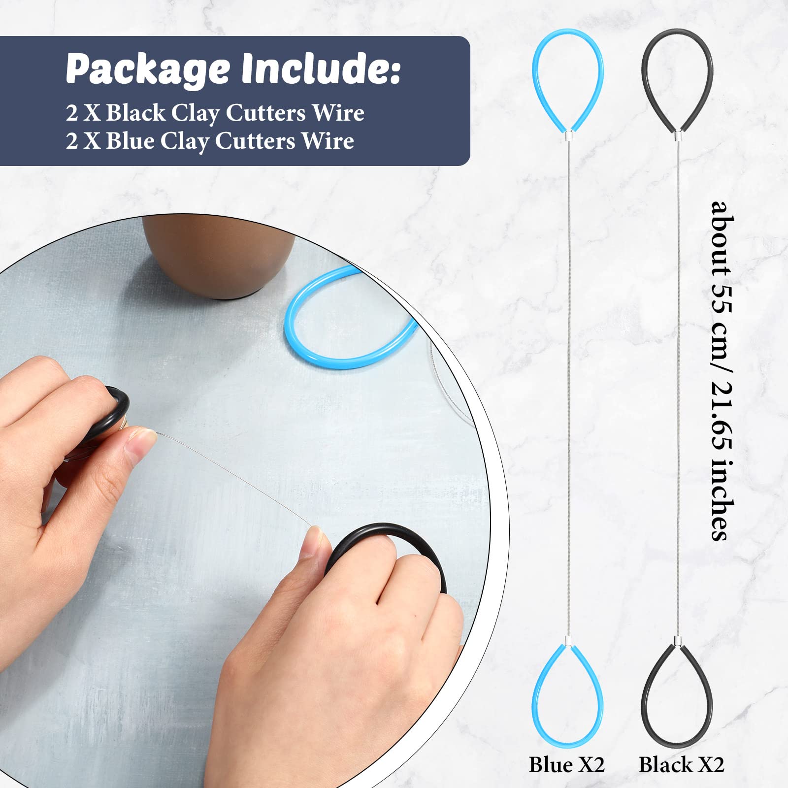 4 Pcs Steel Wire Clay Cutters with Rubber Handle - Pottery Tools for Sculpting, Dough Cutting, Cheese Slicing - Perfect for Artists, Bakers & DIY Crafters (Black & Blue)