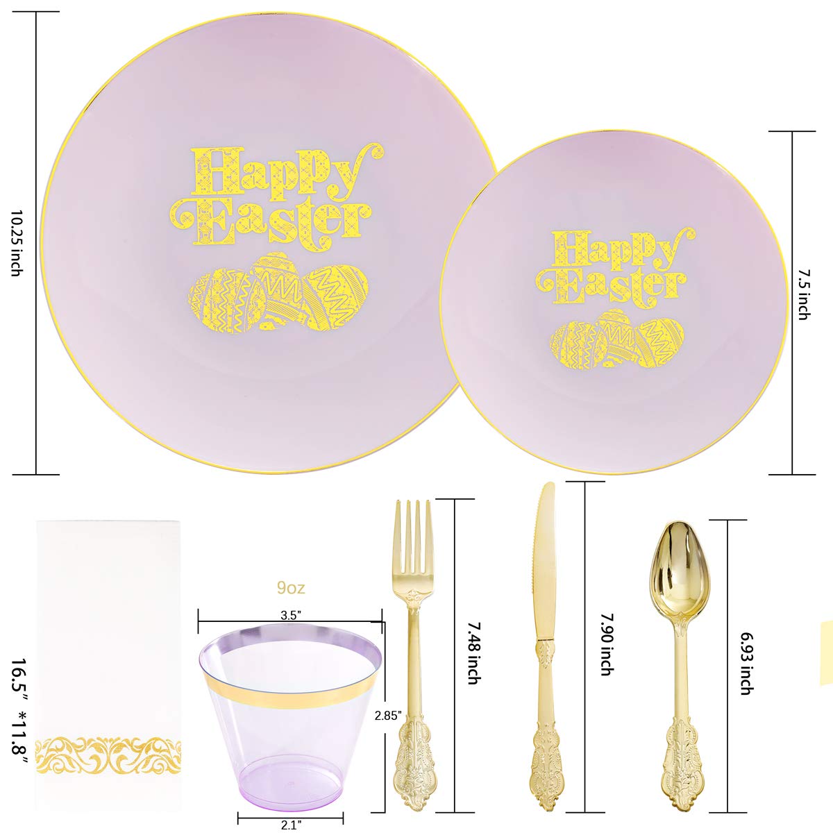 150-Piece Easter Party Tableware Set - Purple & Gold Disposable Plates, Forks, Knives, Spoons & Cups for Easter Celebrations - Perfect for Easter Brunch, Egg Hunts & Spring Gatherings