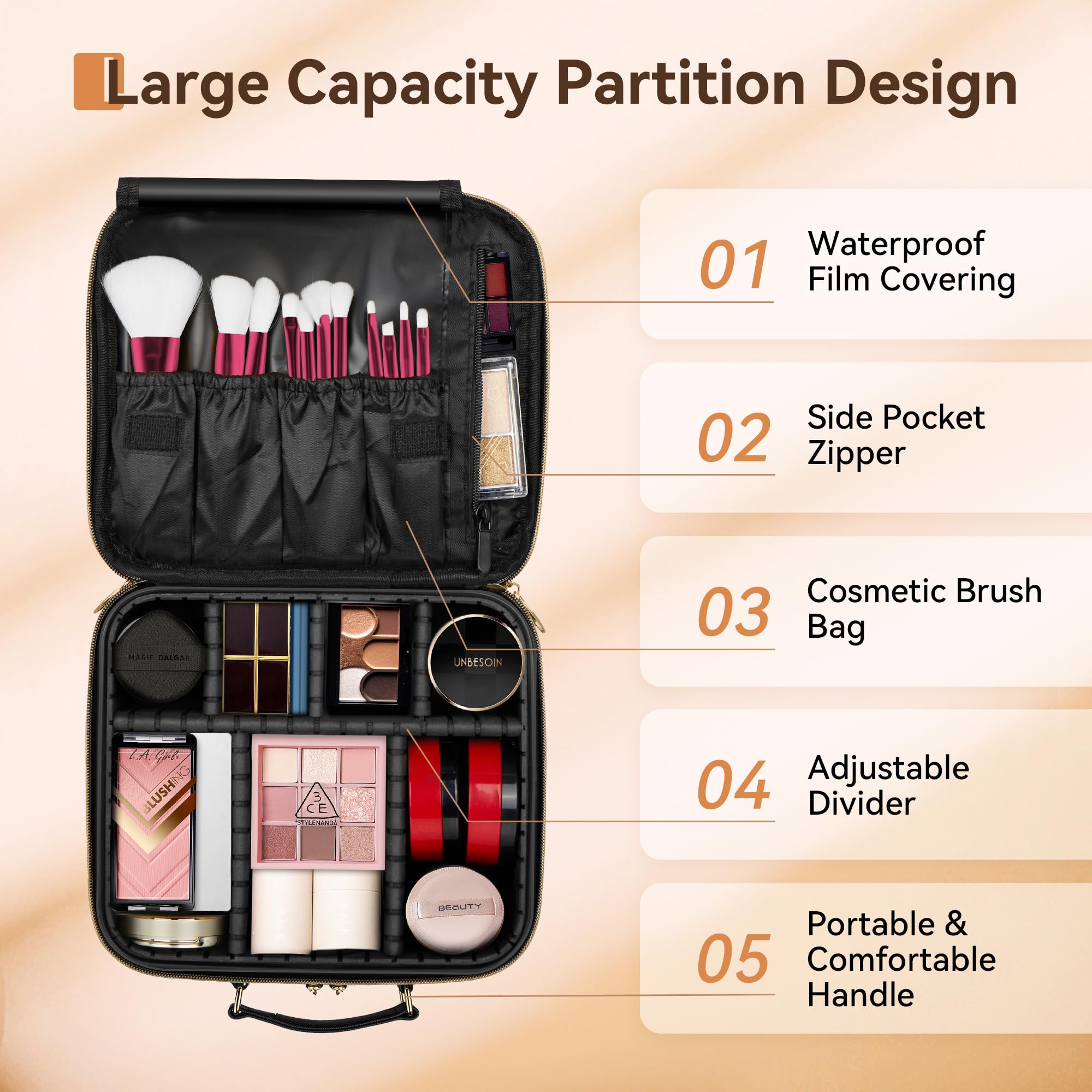 JUSRON Portable Makeup Bag with Adjustable Dividers - Small Cosmetic Organizer for Travel, Makeup Brush Holder Storage Case (Black) - Perfect for On-the-Go Touch Ups, Gym Essentials & Daily Beauty Routine