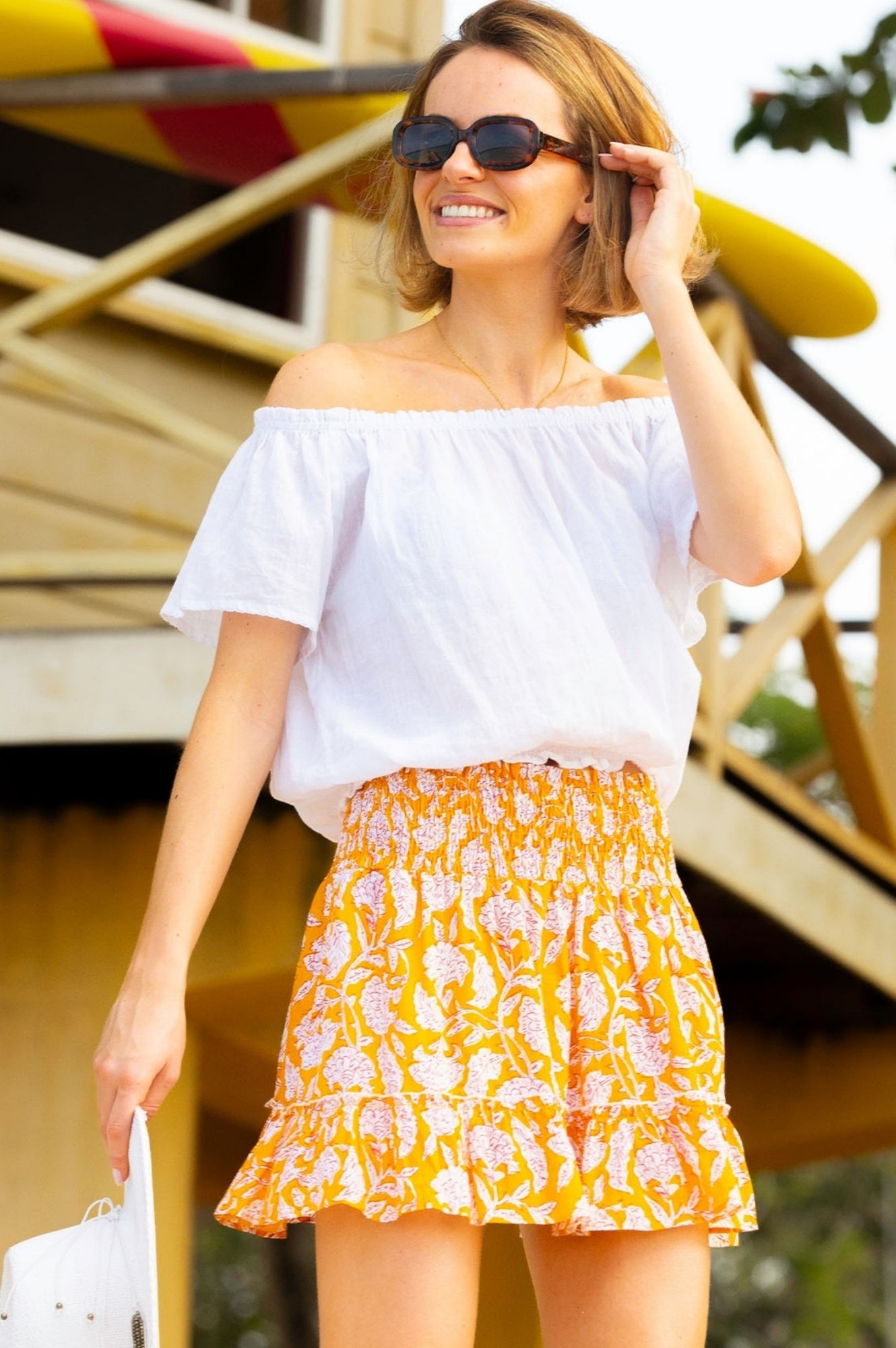 Emani Organic Cotton Skirt for Women - Soft & Breathable Summer Skirt in Dianthus Yellow/White - Perfect for Beach, Vacation & Casual Outings