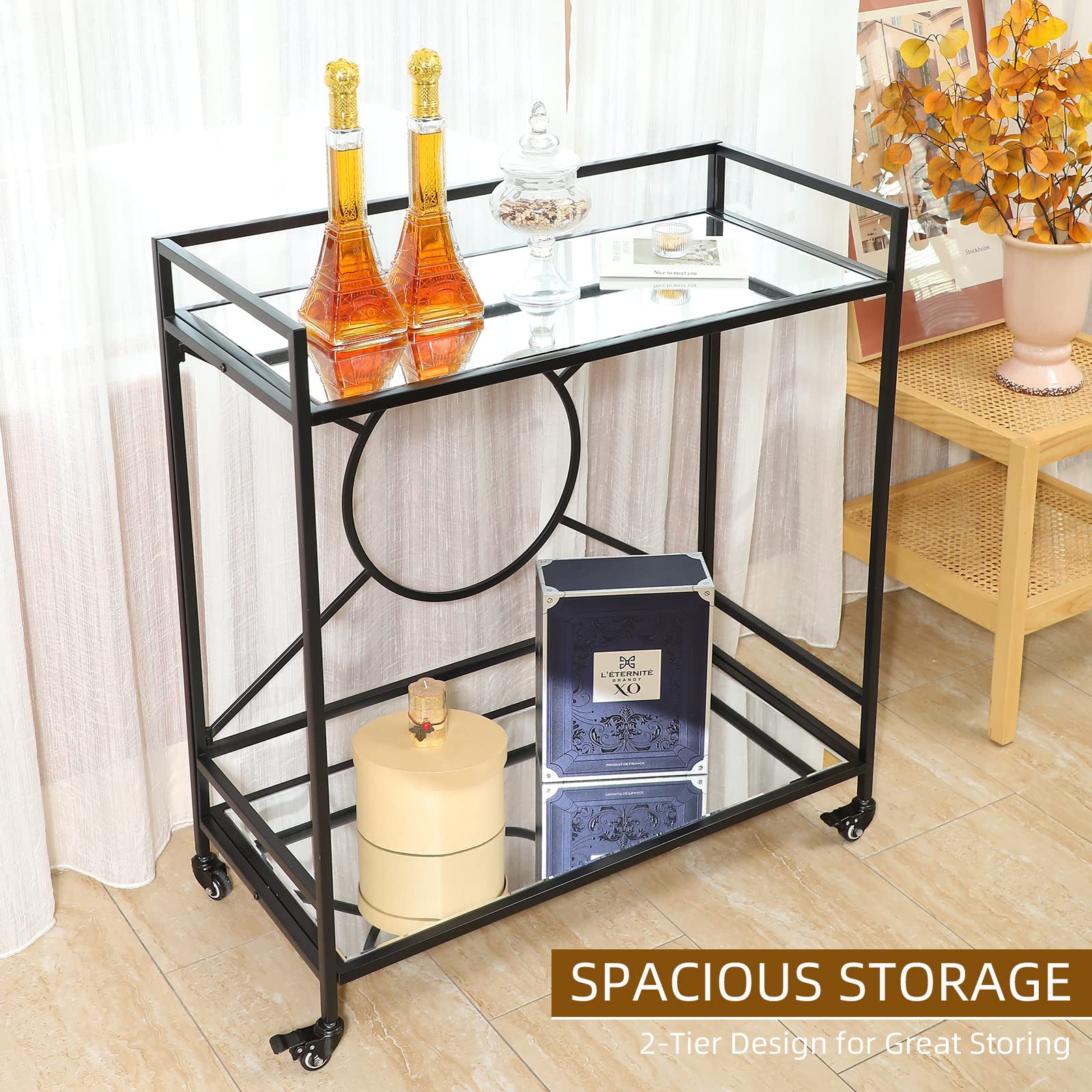 Palama Black Bar Cart for Home - Easy Assembly with Only 4 Screws, 2-Tier Rolling Snack Cart with 2 Mirrored Shelves & Lockable Wheels - Perfect for Living Room, Kitchen, or Outdoor Entertaining