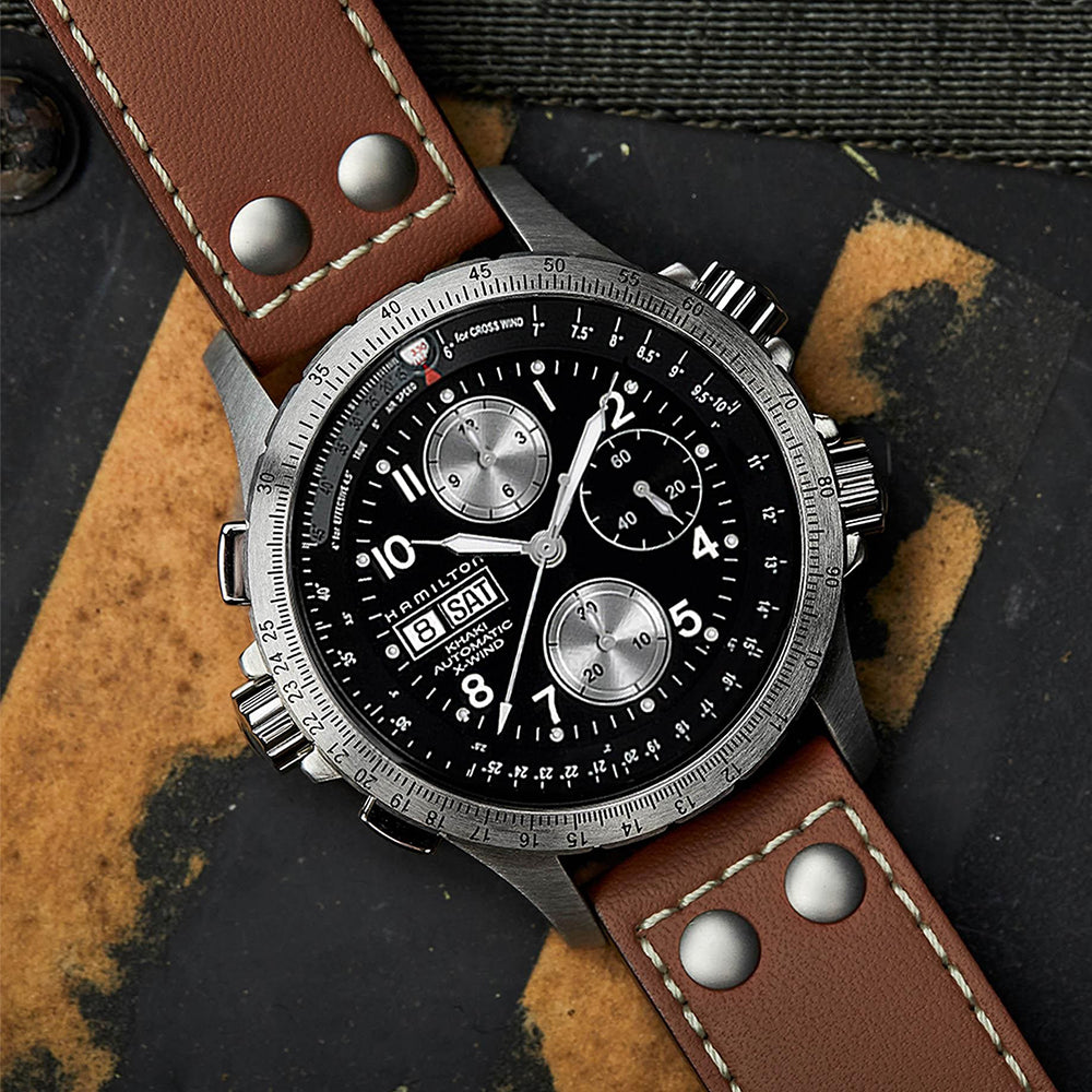 Khaki Aviation X Wind Automatic Chronograph Watch 44mm - Black Dial with Leather Strap for Men | Pilot & Casual Wear | Perfect for Aviation Enthusiasts & Everyday Use