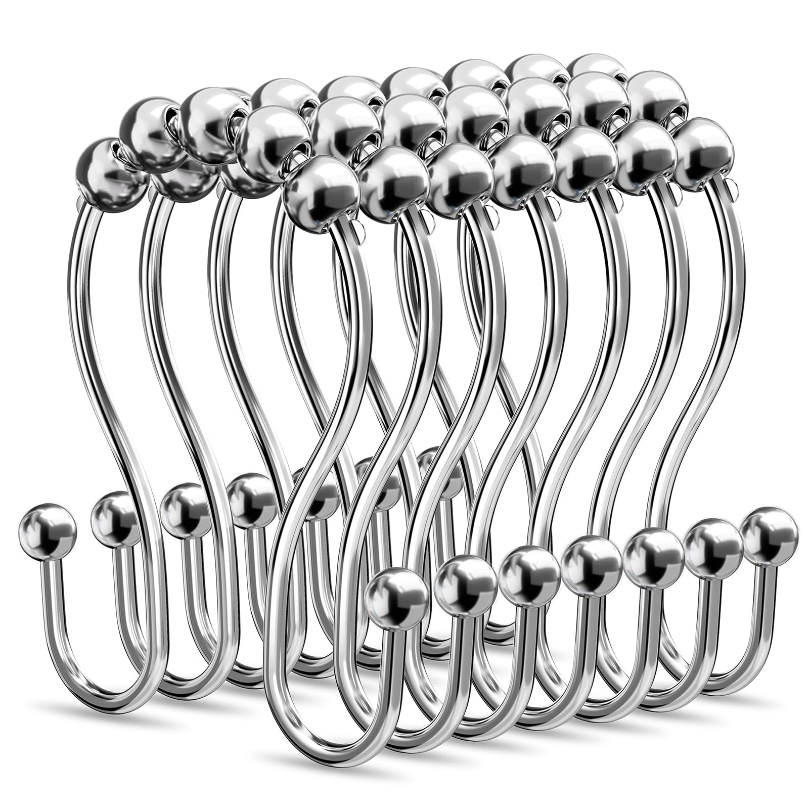 BBLHOME Rust-Proof Metal Shower Curtain Hooks - 12 Pack Smooth Glide Double Hooks for Bathroom & Kitchen (Chrome Finish) - Perfect for Hanging Shower Curtains, Towels, and Utensils