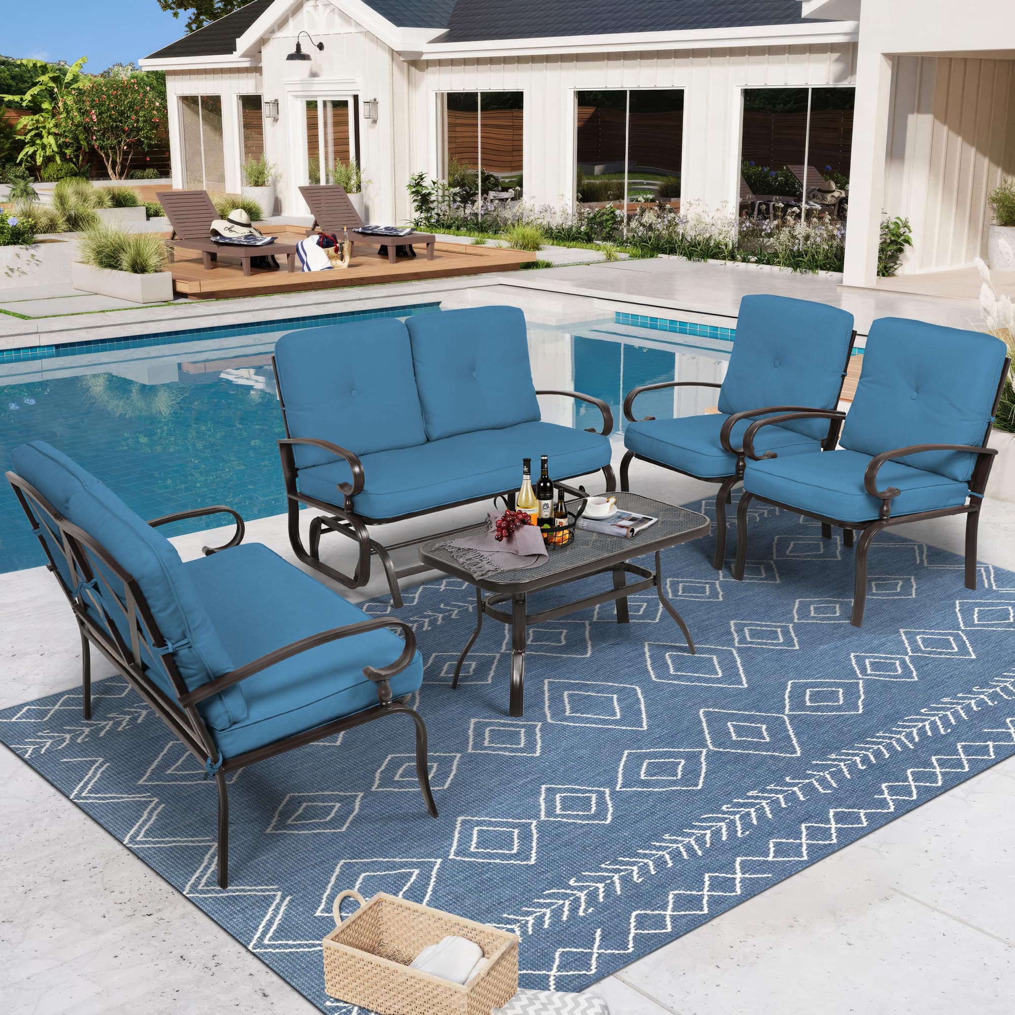 5-Piece Outdoor Metal Patio Furniture Set with Cushions - Wrought Iron Glider, 2 Chairs, Loveseat & Coffee Table in Peacock Blue - Perfect for Garden, Backyard, Poolside or Terrace Relaxation