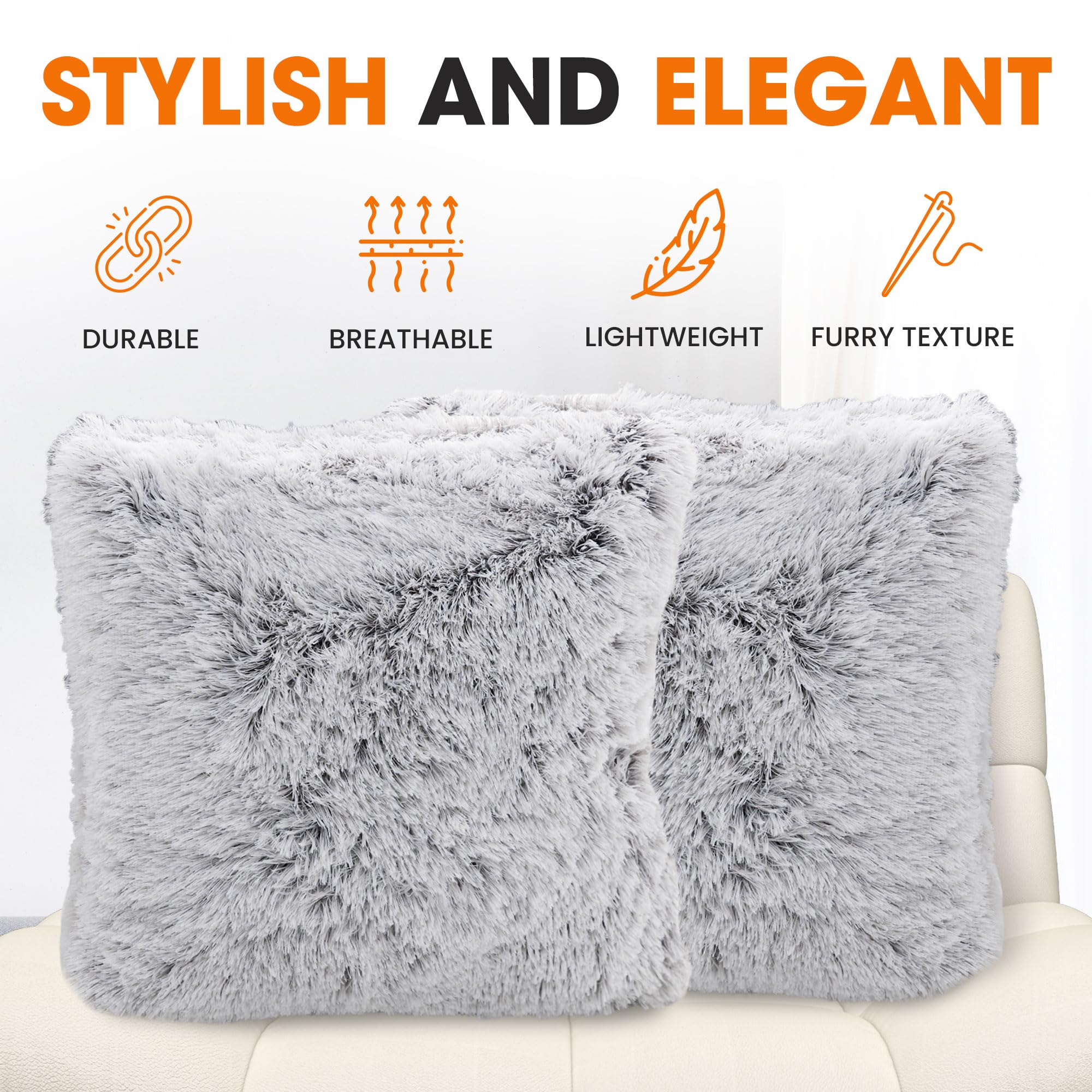 Soft Shaggy Throw Pillows for Couch & Bed - Set of 2 (18x18 Inches) with Inserts - Cozy Long Hair Faux Fur Pillows in Gray | Perfect for Living Room Decor, Bedroom Accents & Home Styling