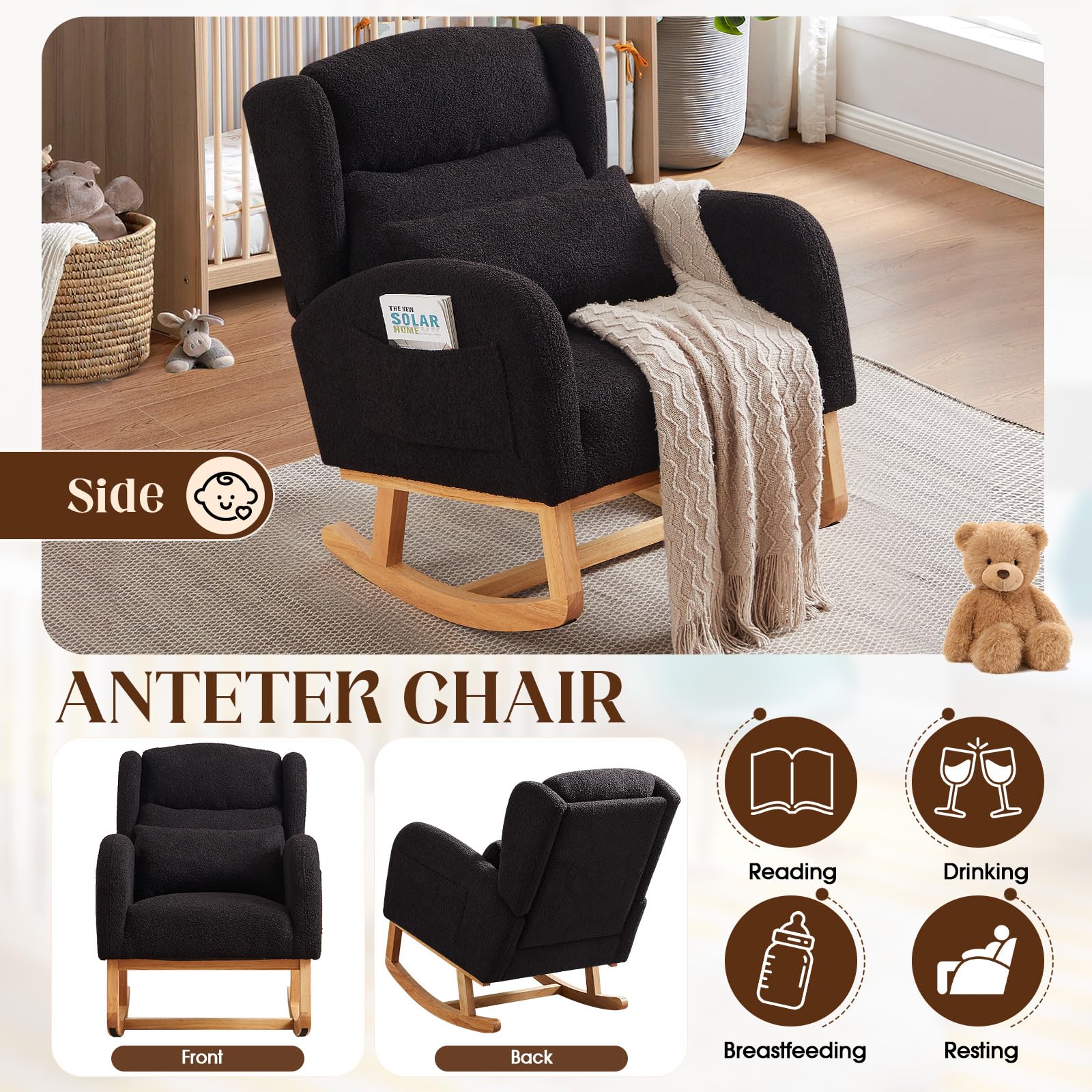**Antetek Modern Rocking Chair - High Back Teddy Upholstered Nursery Rocker with Lumbar Pillow, Wingback Accent Armchair for Living Room, Bedroom & Nursery - Perfect for Nursing, Relaxing & Decor (Black)**