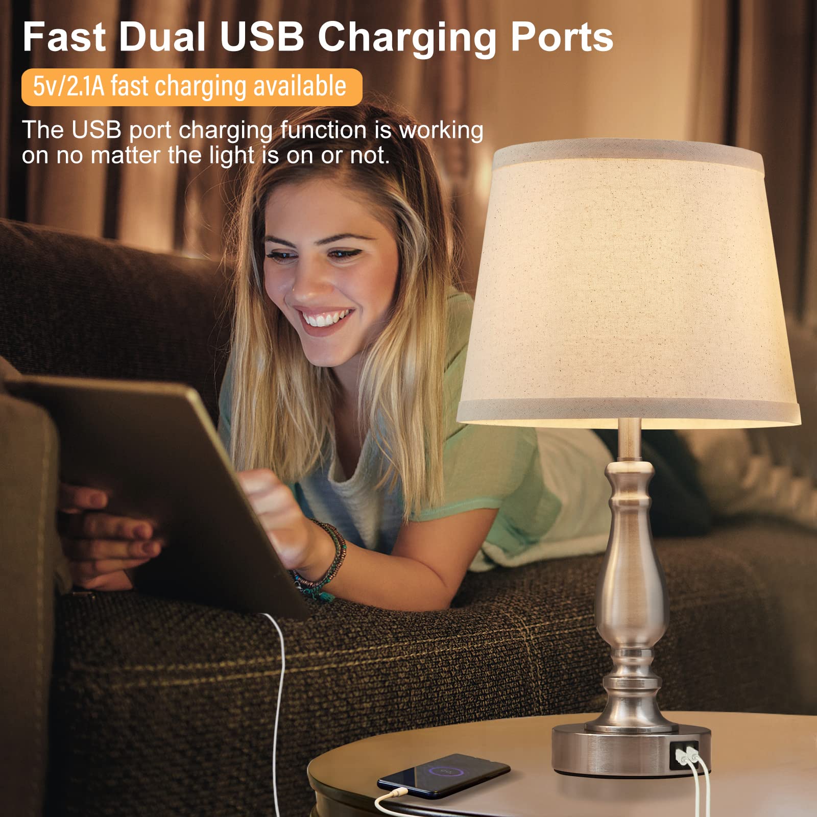 Set of 2 Brushed Nickel Bedside Lamps with USB Ports & 3-Way Dimmable Touch Control - Fabric Lampshade Nightstand Lights for Bedroom, Living Room & Office (Bulbs Included) | Perfect for Reading, Working & Creating Cozy Ambiance