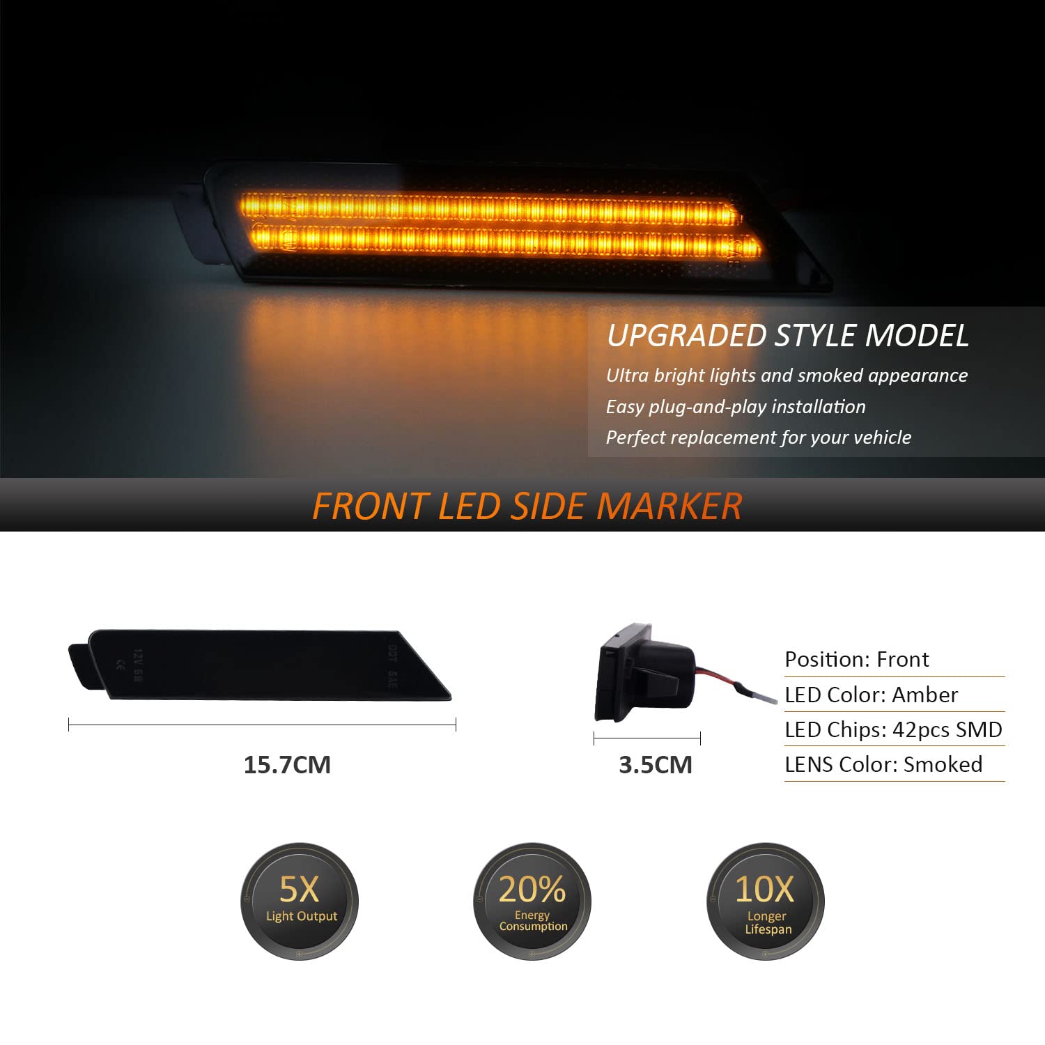 Bestview LED Side Marker Lights for Chevy Camaro 2010-2015 - Smoked Lens Amber & Red Bumper Lights (4PCS) - Front & Rear Fender Markers for Driver & Passenger Side - Perfect for Night Driving and Vehicle Customization