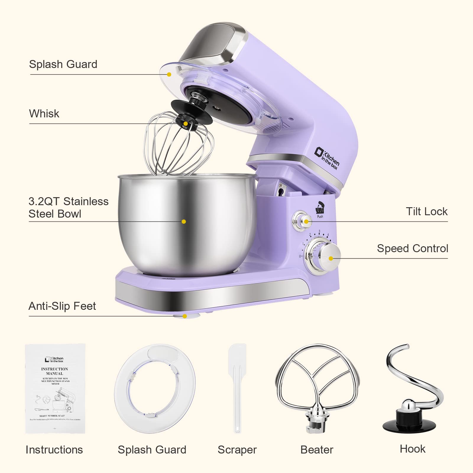 3.2Qt Stand Mixer - 6-Speed Electric Kitchen Mixer with Egg Whisk, Dough Hook & Flat Beater | Lightweight & Portable for Baking, Cooking & Daily Use | Renewed Purple Small Food Mixer