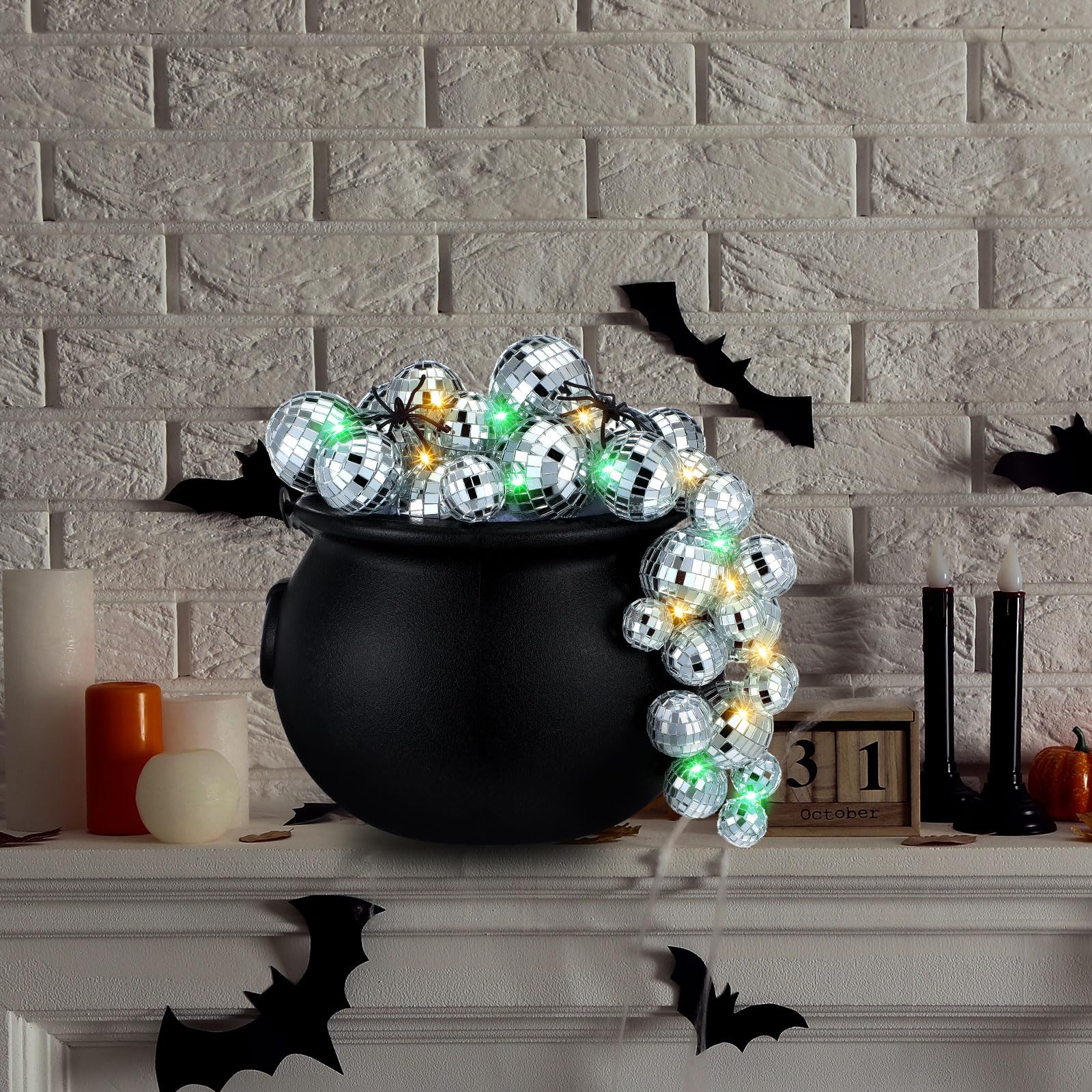 Jenaai 96 Pcs Halloween Party Decorations Kit - Plastic Witch Cauldron with Disco Bubbling Effect, 40 Ball Ornaments, 2 LED Light Strings, 20g Spider Webs, 2 Fake Spiders & 50 Adhesive Points - Perfect for Halloween Decor, Themed Parties & Spooky Home Decorations
