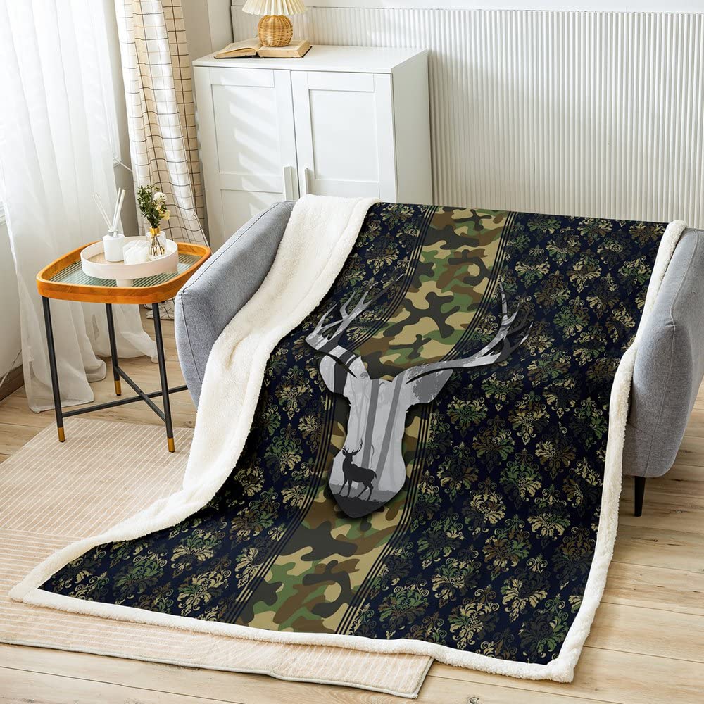 Camouflage Fleece Throw Blanket for Boys & Teens - Deer Antlers & European Floral Print Bedding - Army Green 30x40 Inches - Perfect for Bedroom Decor, Camping & Outdoor Adventures
