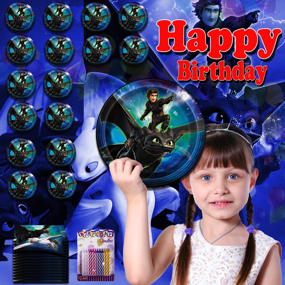 How to Train Your Dragon Party Supplies Set - 16-Piece Birthday Party Kit with Dragon-Themed Paper Plates, Luncheon Napkins & 24 Candles - Perfect for Kids' Birthday Parties, Themed Events & Movie Nights