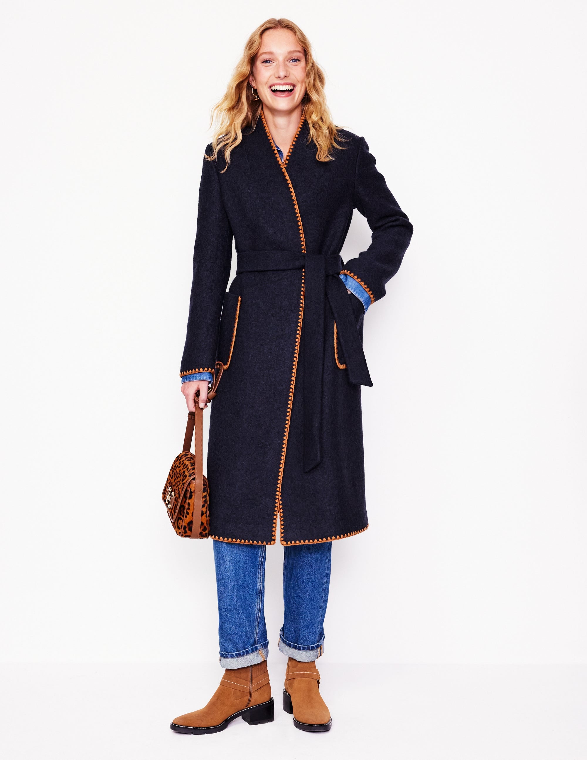 Navy Blanket Stitch Wrap Coat - Soft Warm Winter Coat for Women, Perfect for Outdoor Activities & Cozy Home Wear