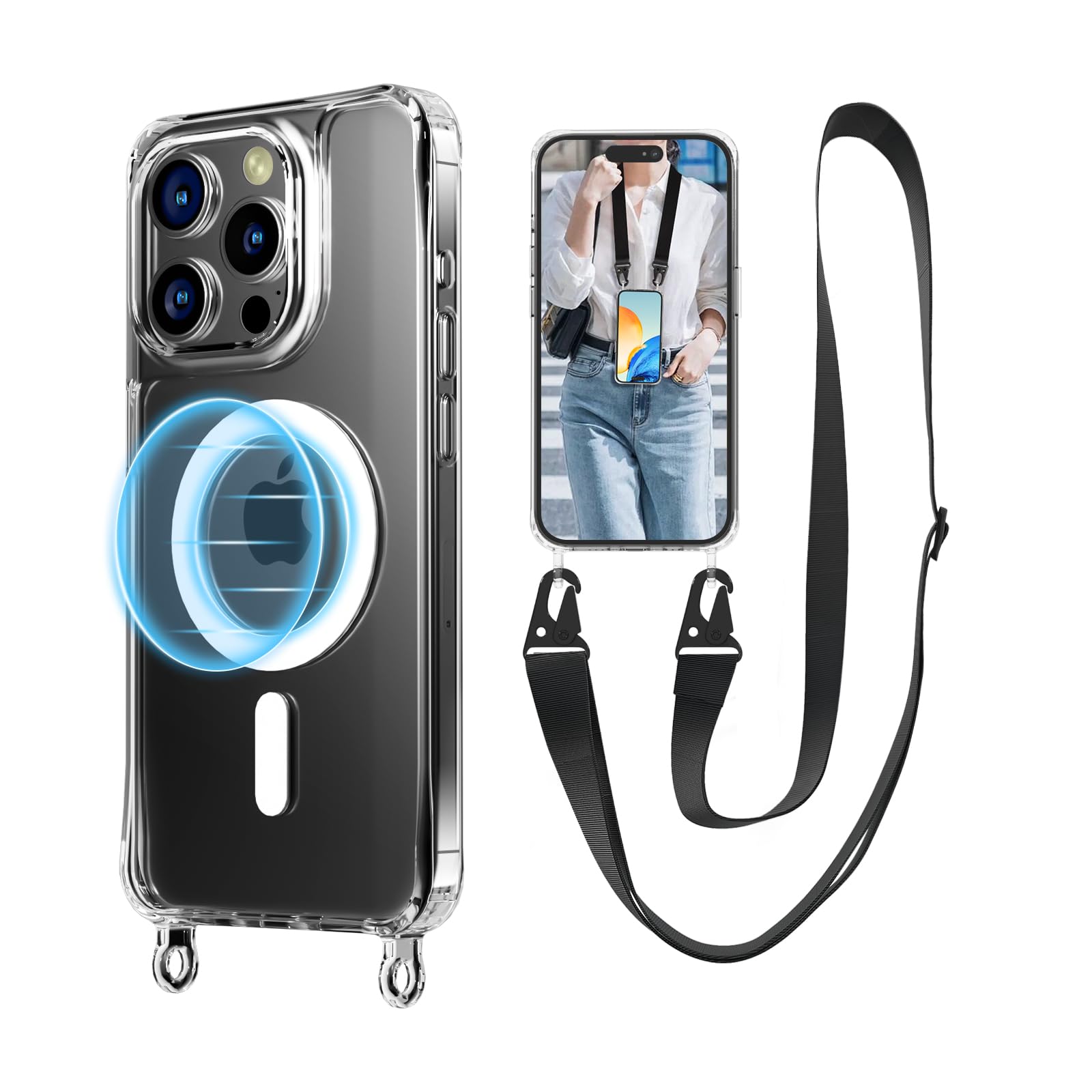 UnnFiko Magnetic Clear Case for iPhone 16 Pro Max - Magsafe Compatible, Shockproof Protection with Adjustable Shoulder Strap & Black Lanyard - Perfect for Travel, Shopping, and Hands-Free Convenience