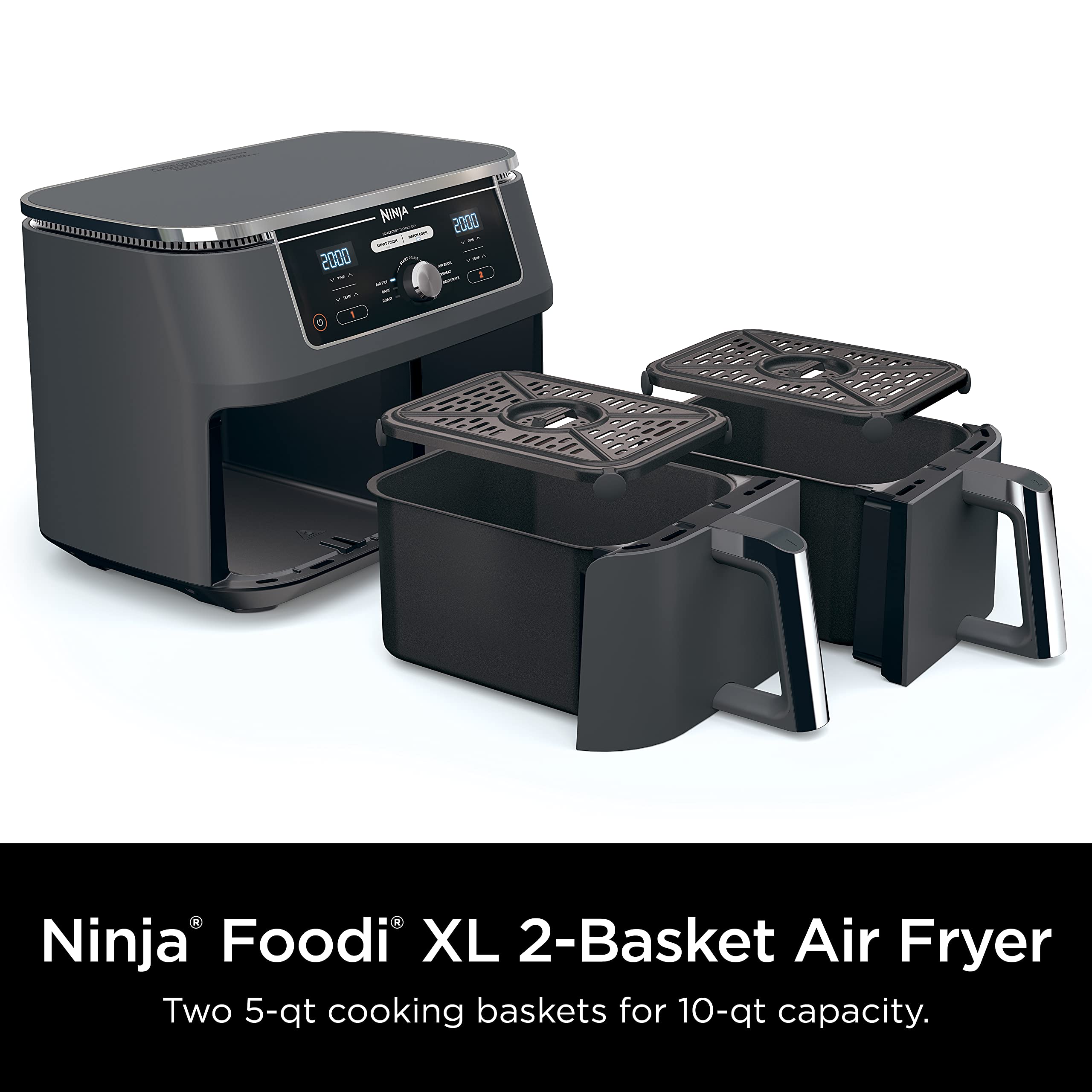 Ninja DZ401 Foodi 10 Quart 6-in-1 DualZone XL 2-Basket Air Fryer with Independent Frying Baskets - Roast, Broil, Dehydrate - Smart Finish & Match Cook Technology - Large Capacity for Family Meals - Grey - Perfect for Quick Cooking, Healthy Meals & Party Snacks