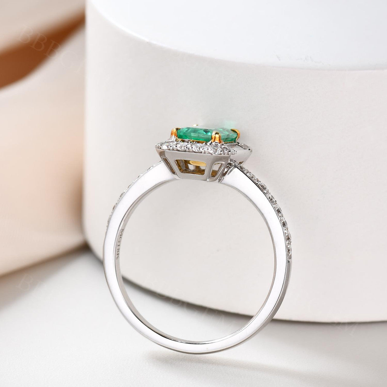 Emerald Cut Natural Emerald Engagement Ring with Diamond Halo & Baguette Diamond Pave Band - 18K White Gold for Wedding, Proposal & Anniversary Gifts