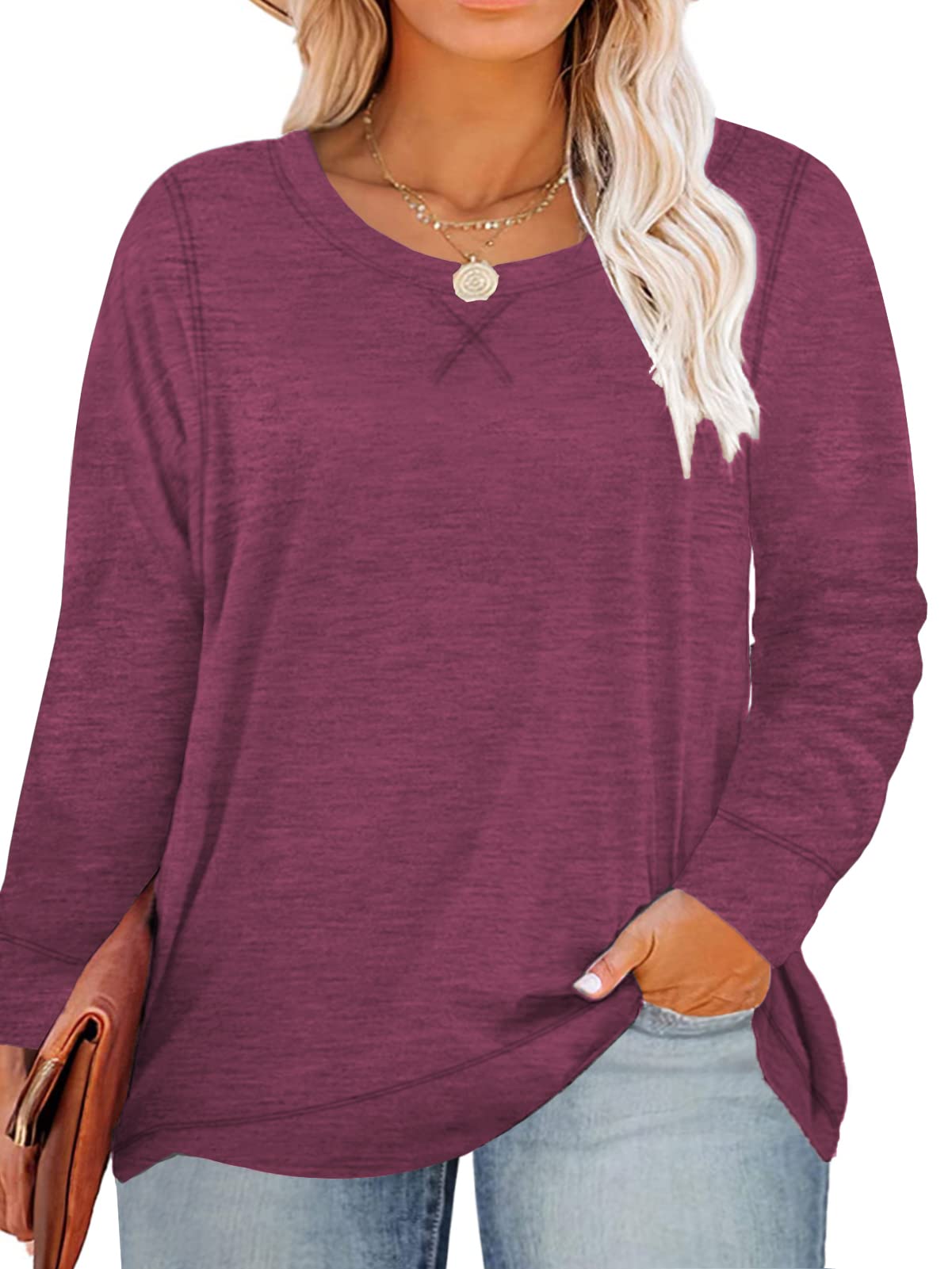 ROSRISS Plus Size Women's Long Sleeve Casual T-Shirt with Side Split - Comfortable Stretch Blouse for Work, Date Night & Everyday Wear