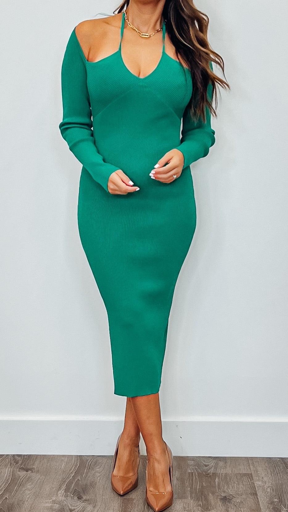 Sobe Green Dress for Women - Elegant Flowy Midi Dress with V-Neck & Short Sleeves - Perfect for Summer, Beach, Party & Casual Wear