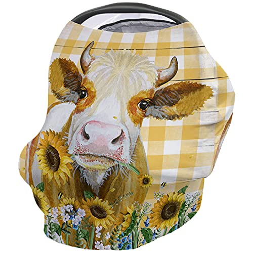 Soft Breathable Baby Car Seat Cover for Newborns - Rustic Cow & Sunflower Yellow Plaid Design, Stretchy Adjustable Nursing Cover (26x27.6 Inch) - Perfect for Infant Car Seats, Strollers & Breastfeeding