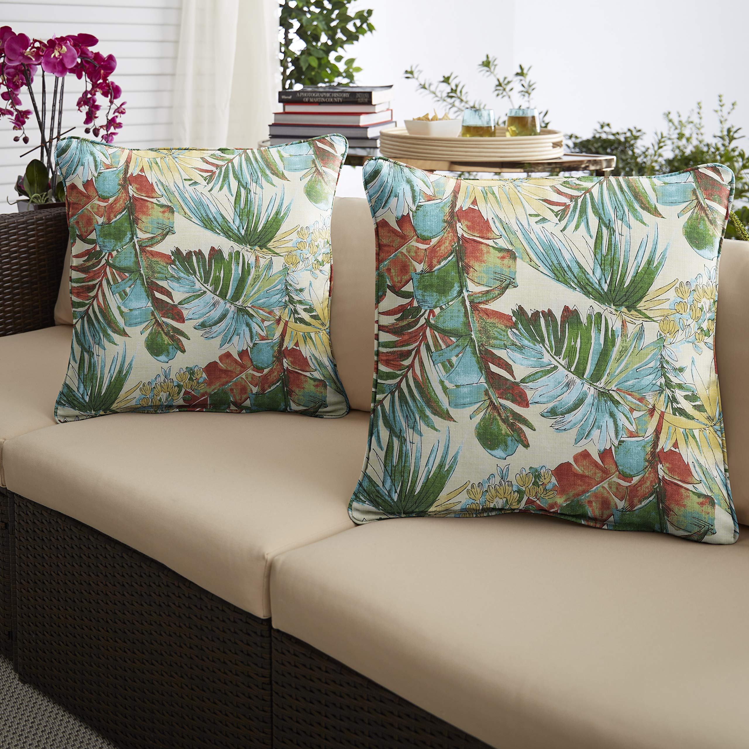 Sorra Home - 2 Pack Decorative Square Throw Pillows with Multi-Color Leaf Design - Perfect for Sofa, Bed, Couch & Home Decor