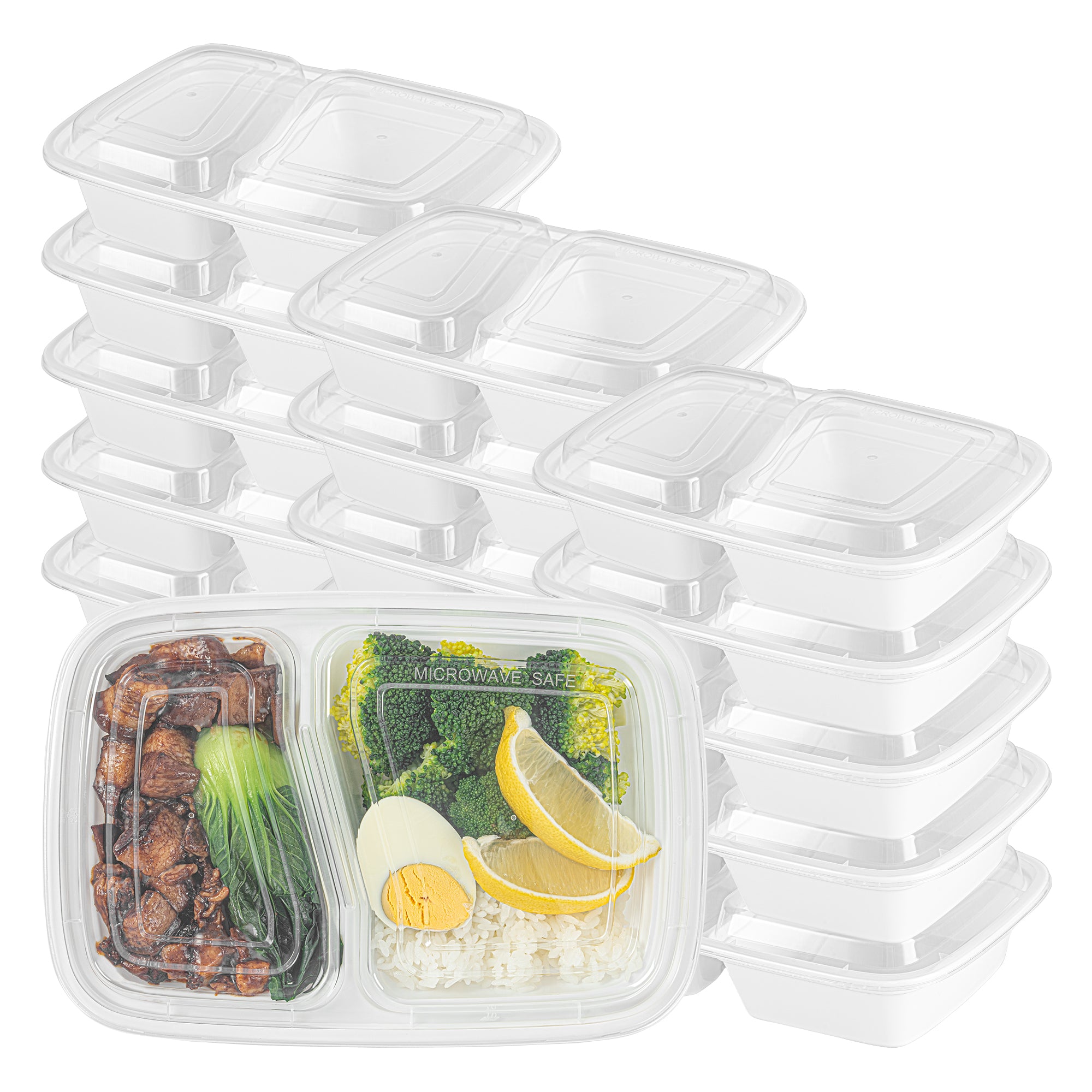 32 oz White Plastic 2-Compartment Food Storage Containers with Clear Lids - Microwave Safe, 8.75