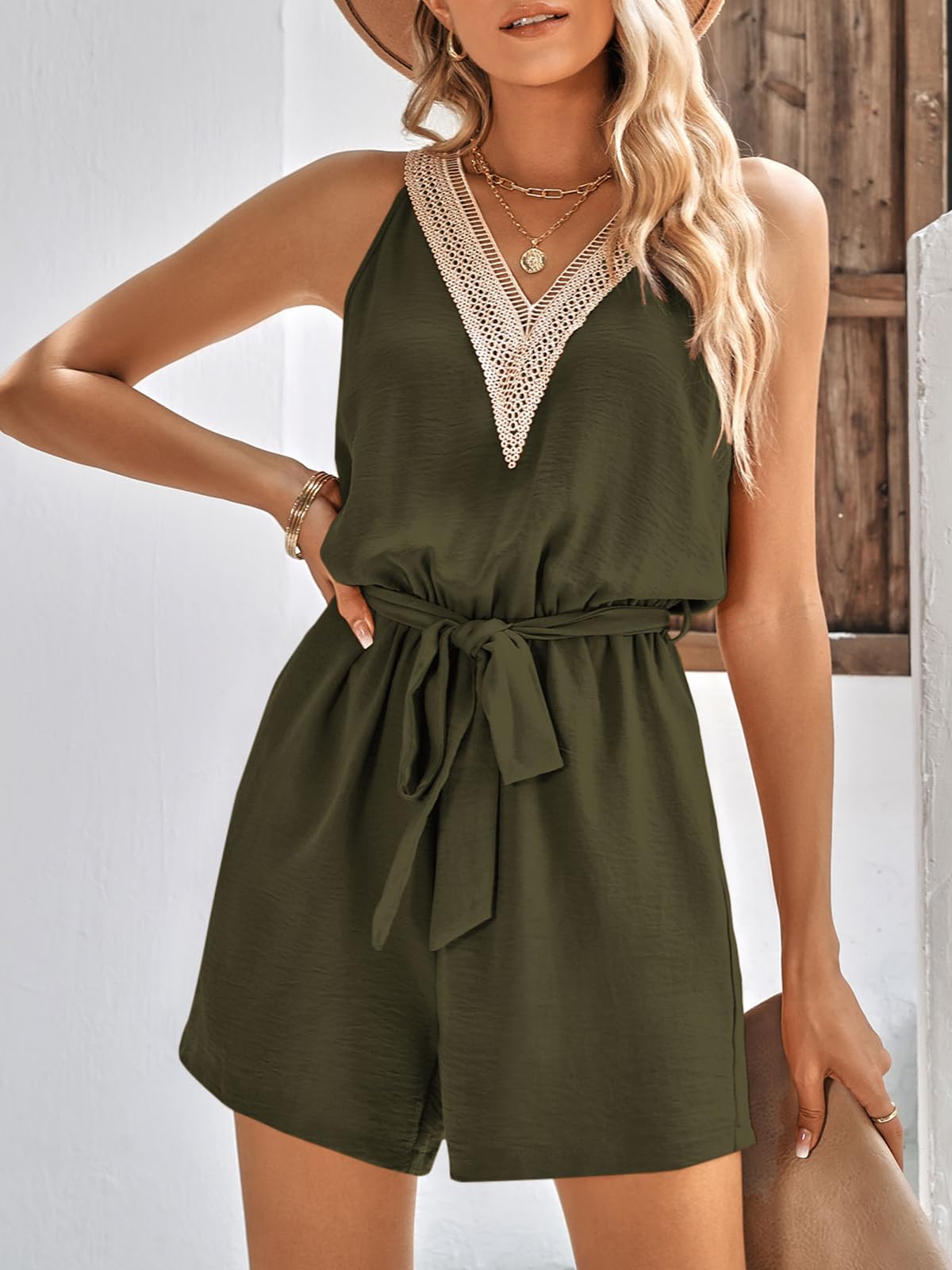 PRETTYGARDEN Women's Sexy V-Neck Romper - 2025 Summer Sleeveless Casual Jumpsuit with Waist Tie & Pockets | Beach Outfit, Vacation Wear, Party Dress