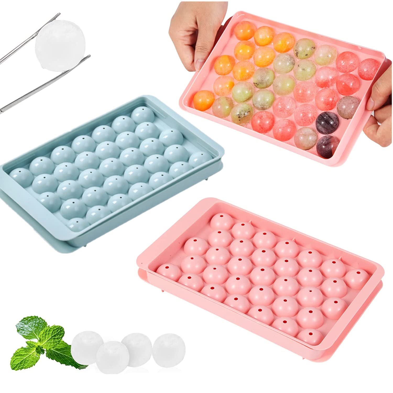 mciskin Mini Ice Cube Tray Balls - 2 Pack Round Ice Ball Maker Mold with Lid for Freezer | Perfect for Cocktails, Whiskey, Tea & Coffee | Ideal for Home Bars, Parties & Beverage Chilling